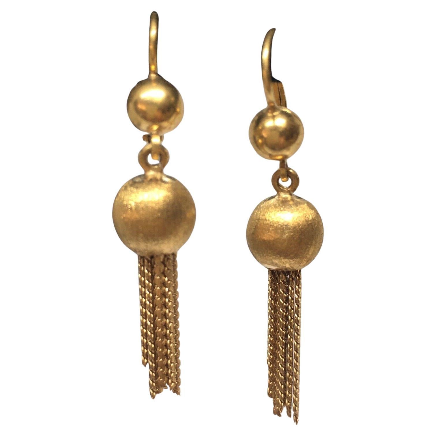 18k Solid Yellow Gold Tassel Dangling Wire Earrings Hanging 1.5 Inch 7.0 Gram For Sale