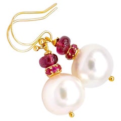 18K Solid Yellow Gold White South Sea Cultured Pearl and Ruby Earrings