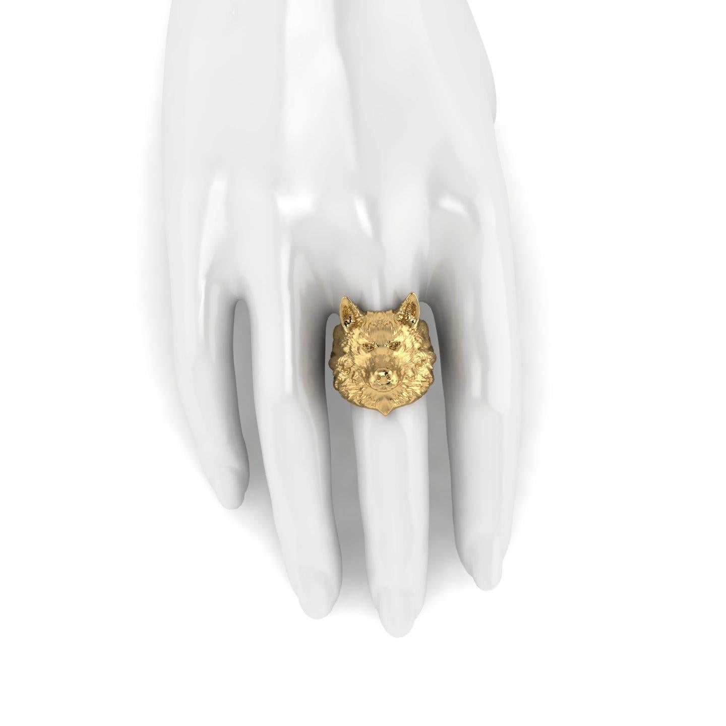 18k Solid Yellow Gold Wolf Ring ganz in 18k Solid Yellow Gold, keine Plattierungen gemacht,  detailliert, auf Bestellung Ihrer Größe jedes Mal, wegen der Finger Größe passend Bedeutung.
Dies ist ein solides Stück 18k Gelbgold, mit seinem Gewicht,