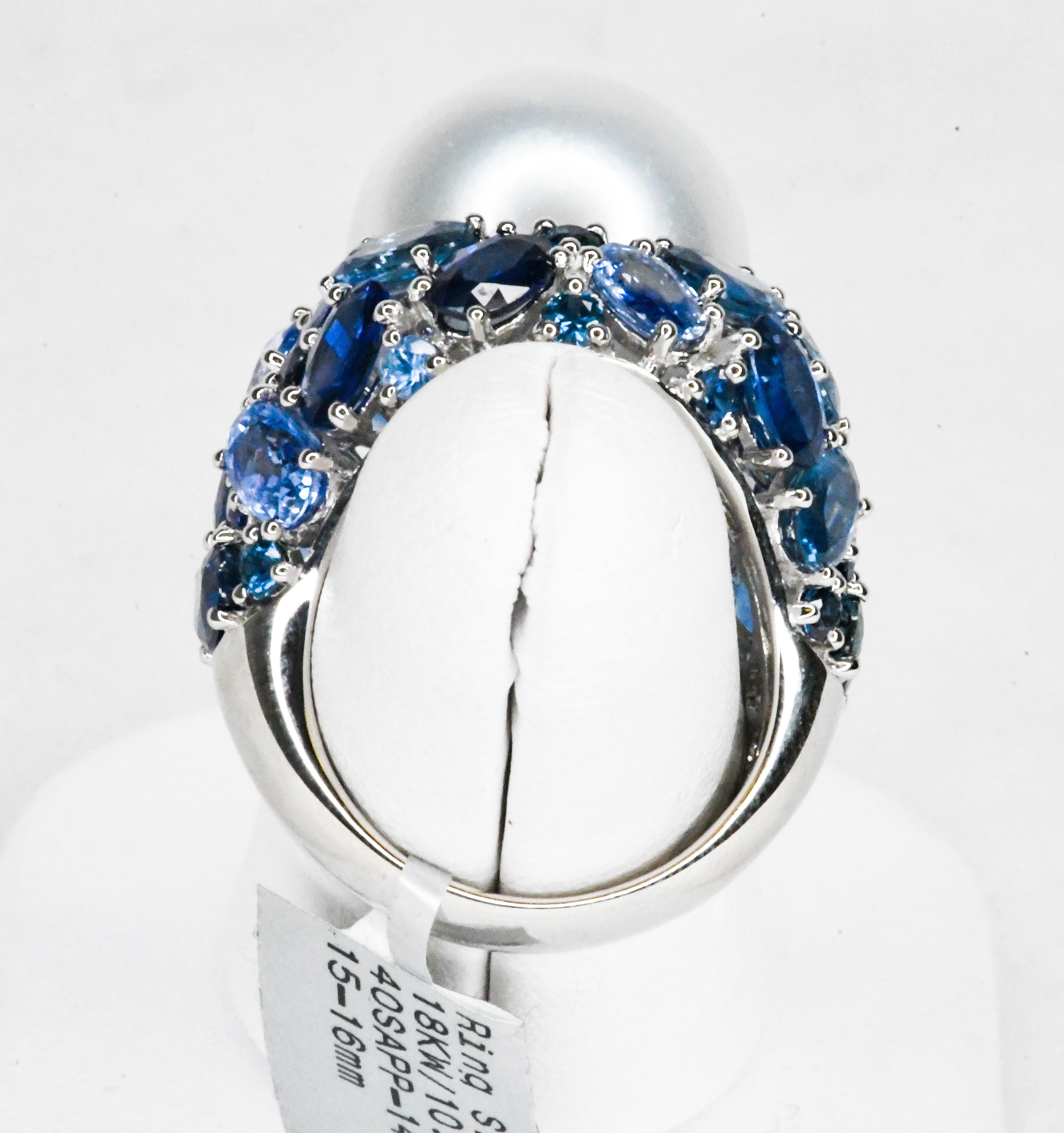 Contemporary 18 Karat South Sea Pearl and Sapphire Ring