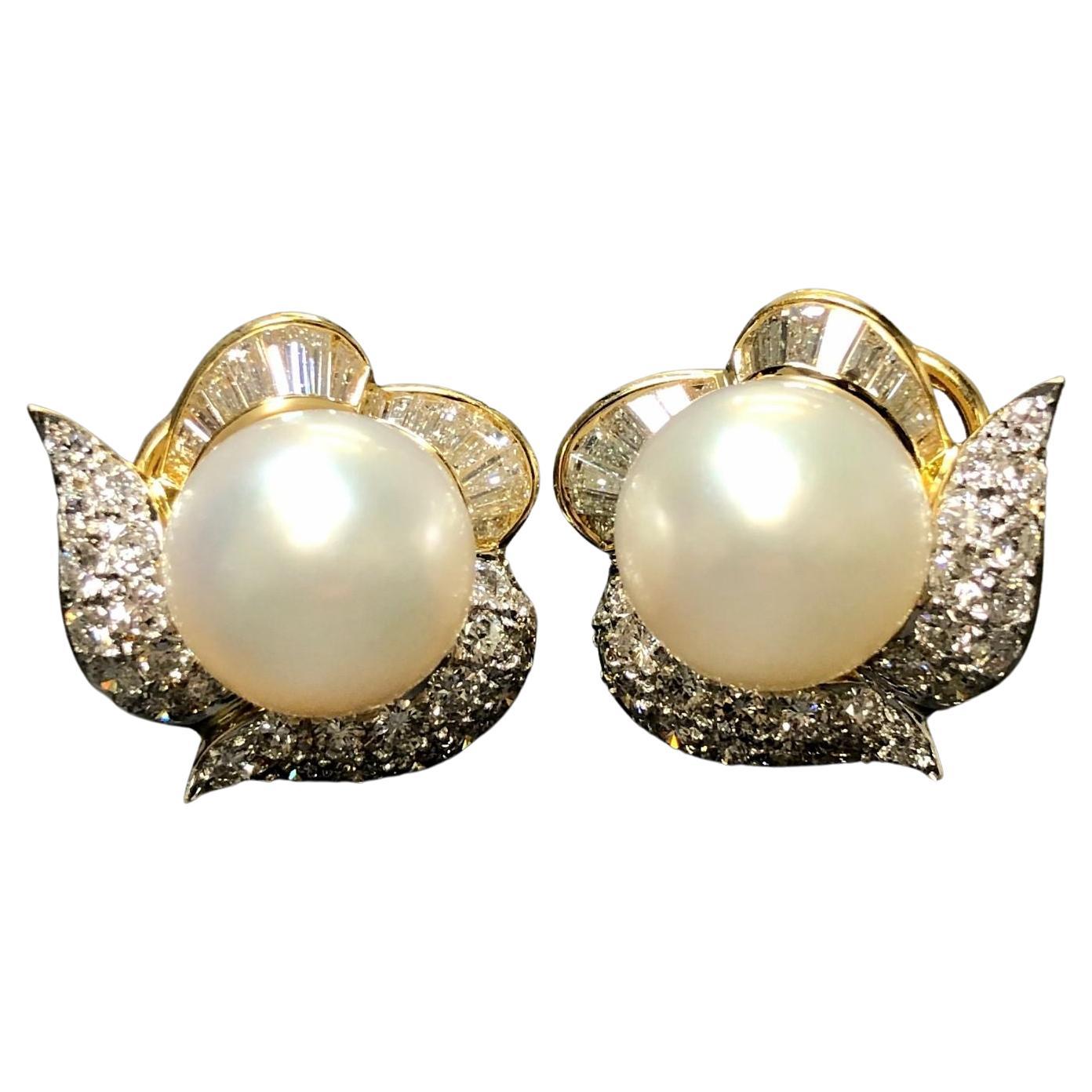Estate 18K South Sea Pearl Baguette Round Diamonds Earrings 4cttw 12.50mm For Sale
