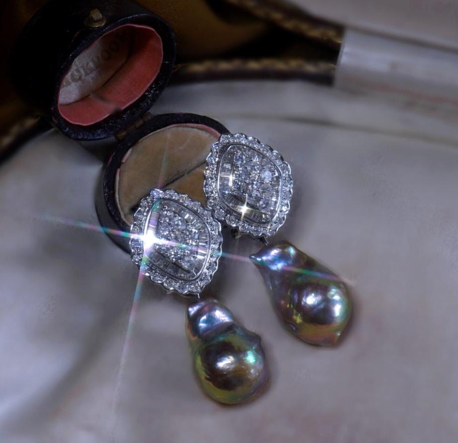 18K Pearl Diamond Vintage Earrings Natural SouthSea Baroque Pink Huge 7.26 CTS For Sale 1