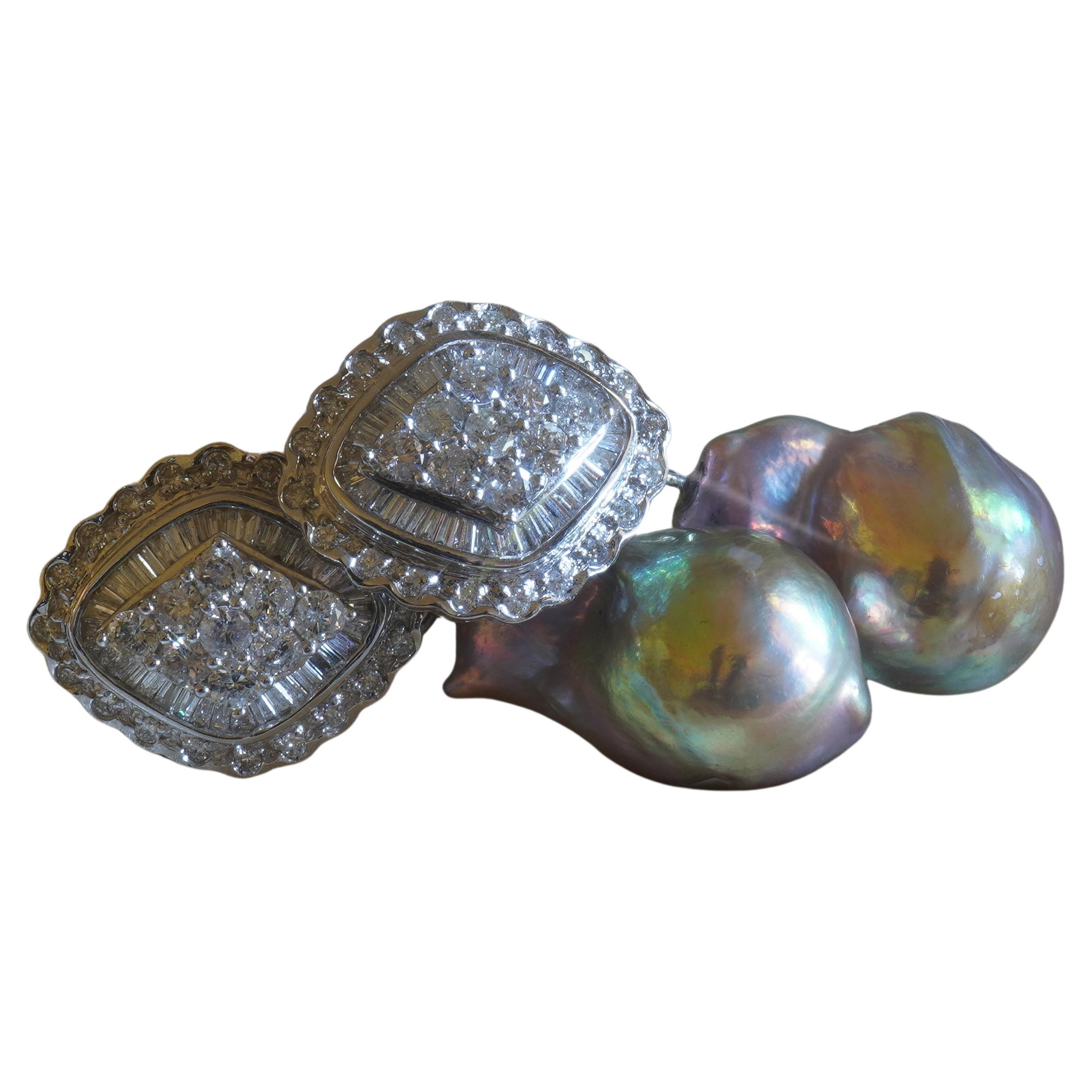 18K Pearl Diamond Vintage Earrings Natural SouthSea Baroque Pink Huge 7.26 CTS For Sale 3