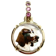 18k Spaniel Enhancer. Handpainted Reverse crystal w sapphire bail