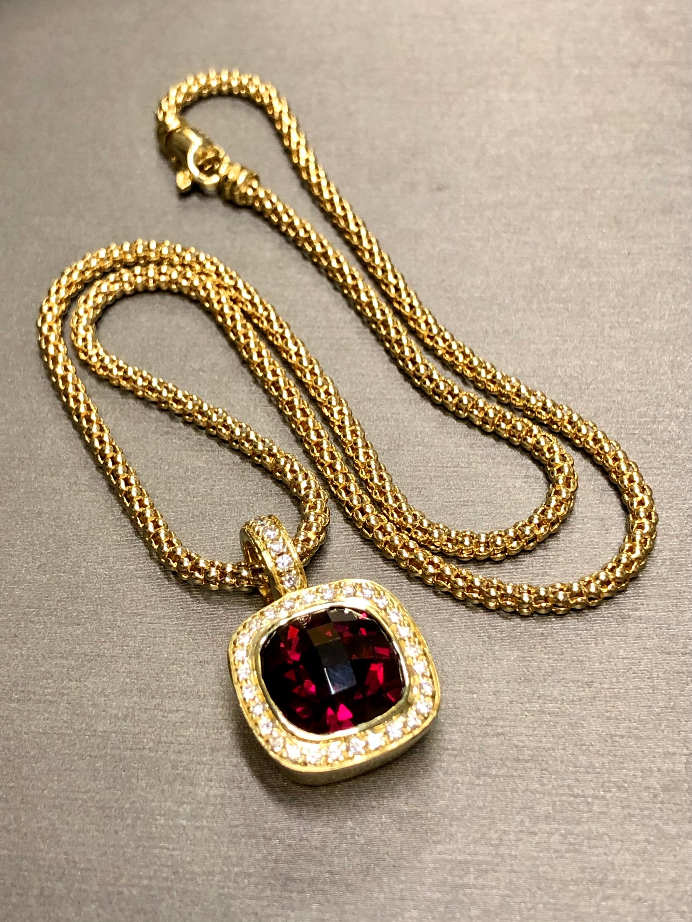 18K SPARK Rhodolite Garnet Diamond Enhancer Pendant Caviar Necklace 9.34cttw 18” For Sale 3