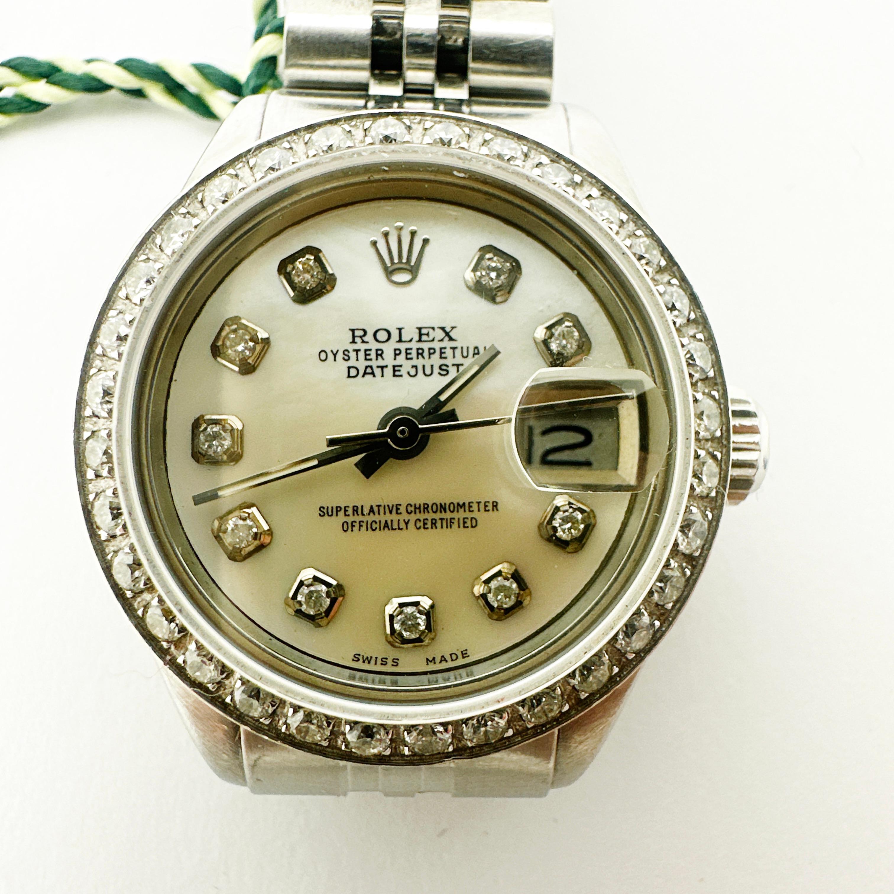 Round Cut 18k/SS ROLEX Oyster Perpetual Ladies Datejust w/ diamond bezel and dial