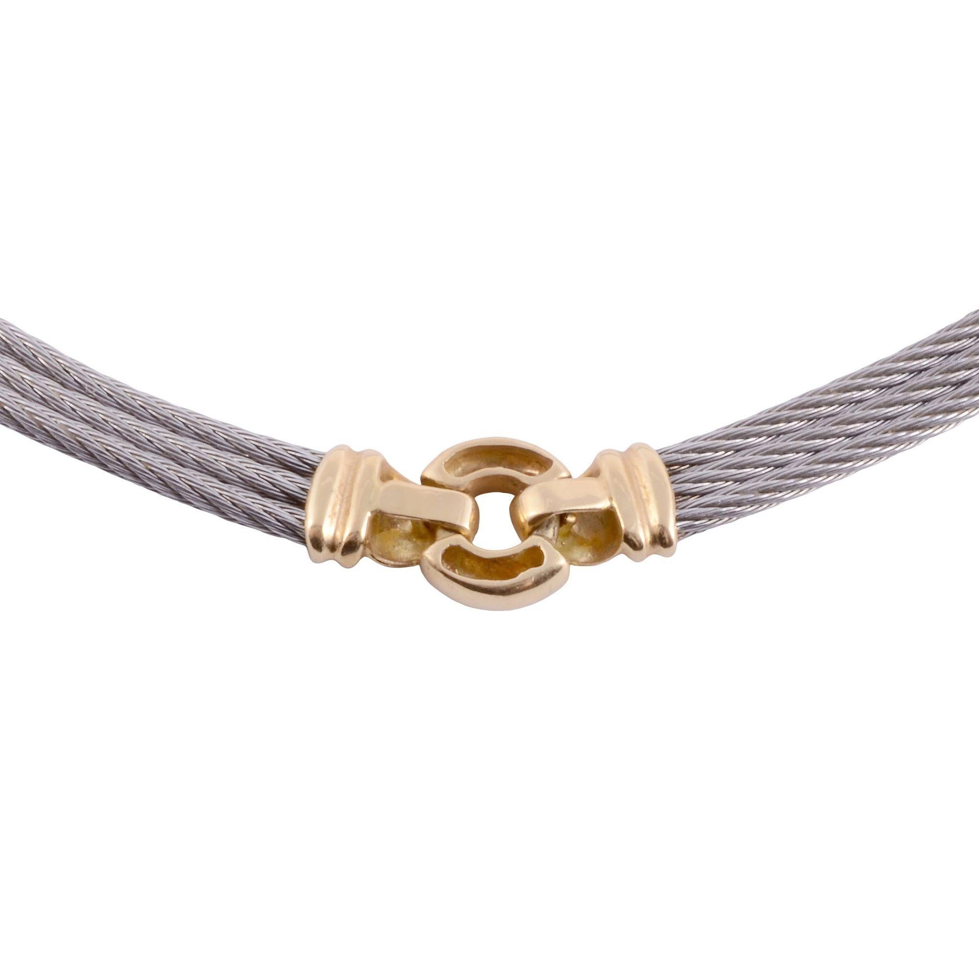Estate 18K stainless steel necklace. This necklace features stainless steel rope strands with 18 karat yellow gold sections. The necklace is 14.5″ in length. [KIMH 2029 P]