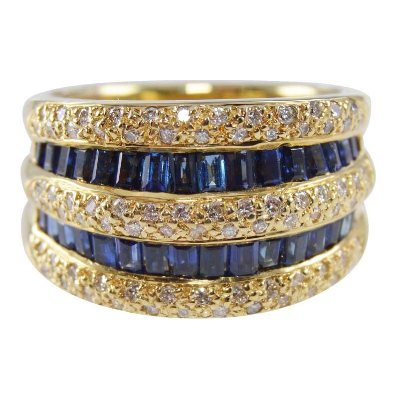 Modern 18k Stamped Yellow Gold Custom Made Lady's Diamond & Blue Sapphire Estate Ring