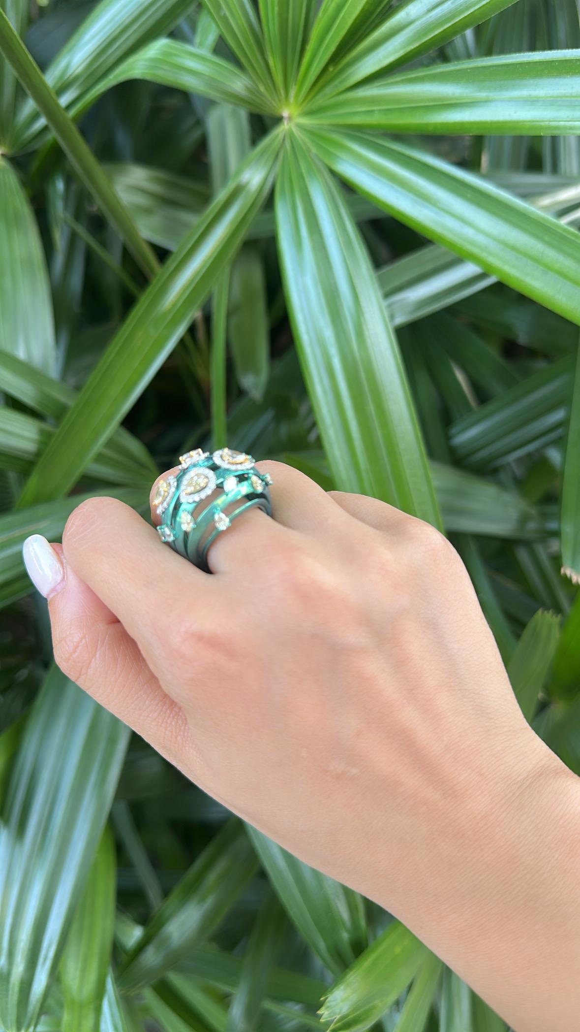 Declaración de 18 quilates, 2,88 quilates, Anillo de oro blanco pavé de diamantes amarillos y titanio en venta 7