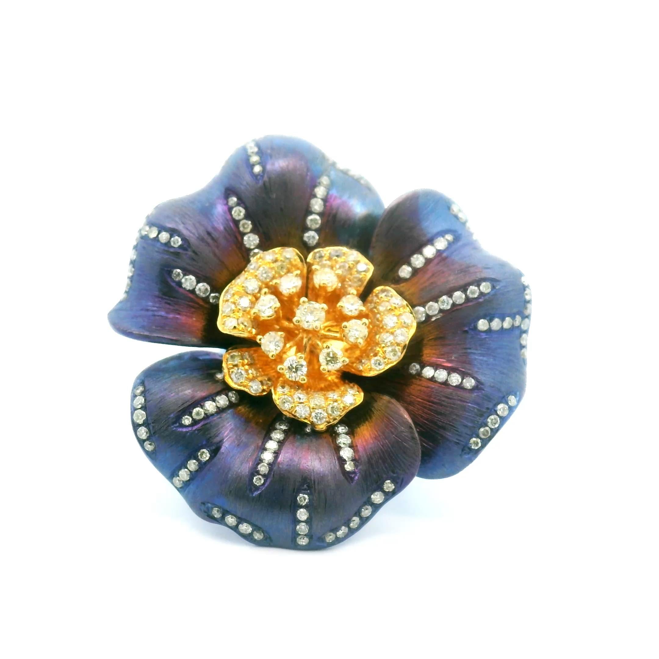 For Sale:  18K Statement Custom Flower 2.50 Diamond Pavé Yellow Gold and Titanium Ring 5