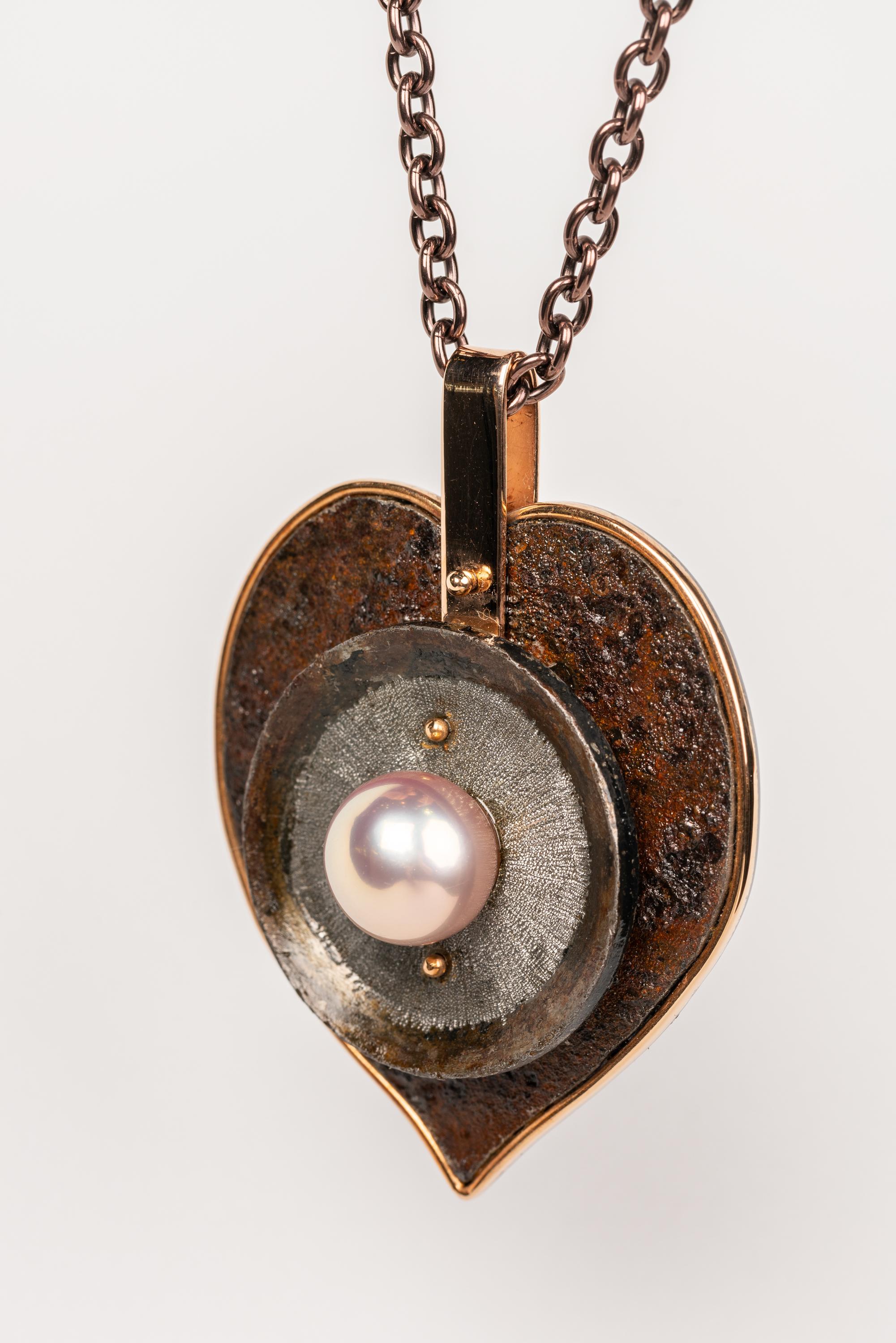 Contemporary 18 Karat, Sterling Silver, and Rusted Iron Heart Necklace with a South Sea Pearl