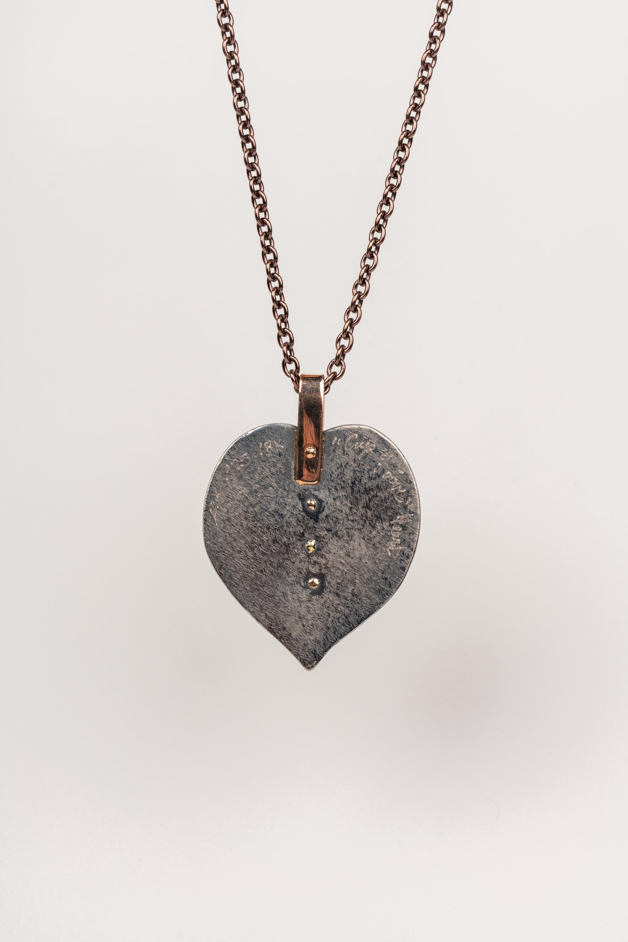 Bead 18 Karat, Sterling Silver, and Rusted Iron Heart Necklace with a South Sea Pearl