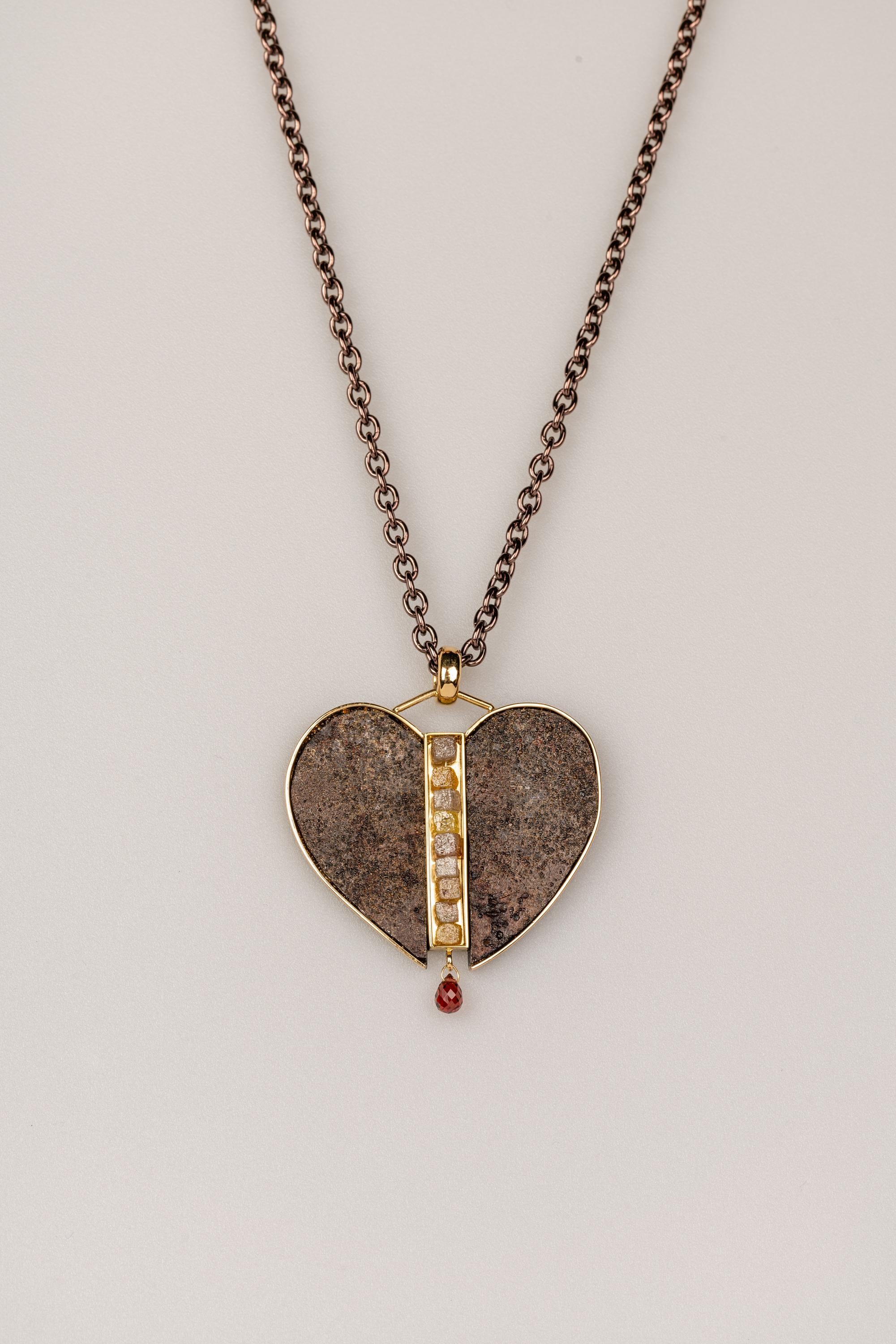 Contemporary 18 Karat Sterling Silver and Rusted Iron Heart Necklace with Garnet and Diamonds