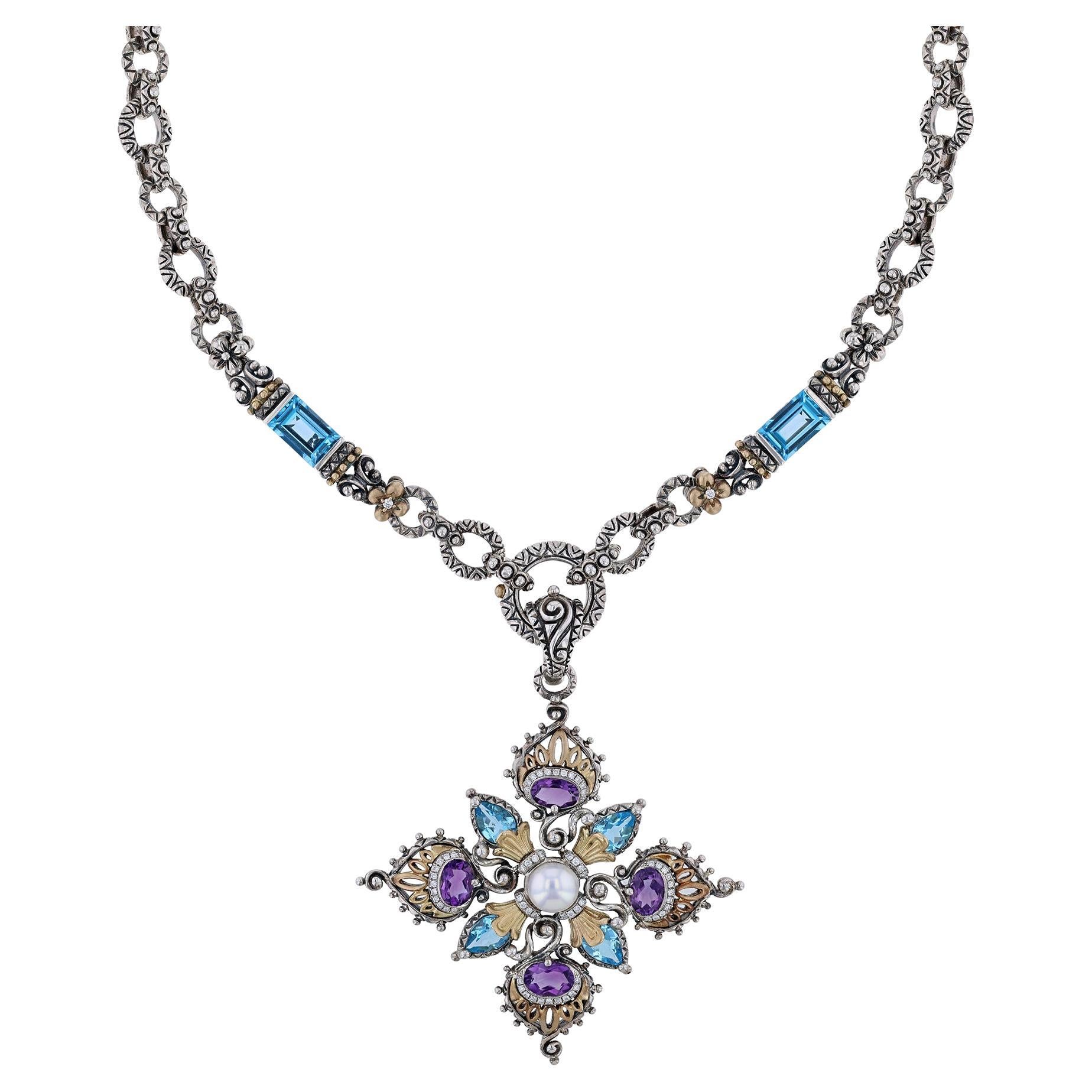 18K Sterling Silver Multi Gemstone Cross Peacock Pendant Necklace For Sale