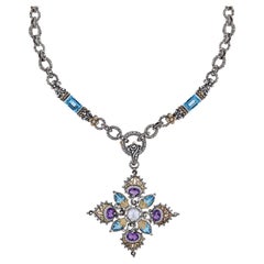 18K Sterling Silver Multi Gemstone Cross Peacock Pendant Necklace