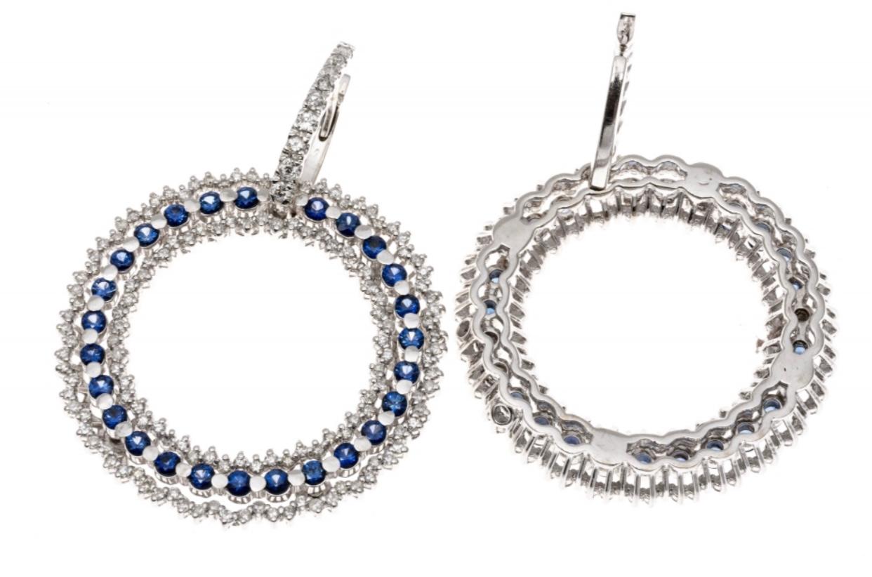 Contemporary 18k White Gold Versatile Sapphire and Diamond Pendant Earrings For Sale