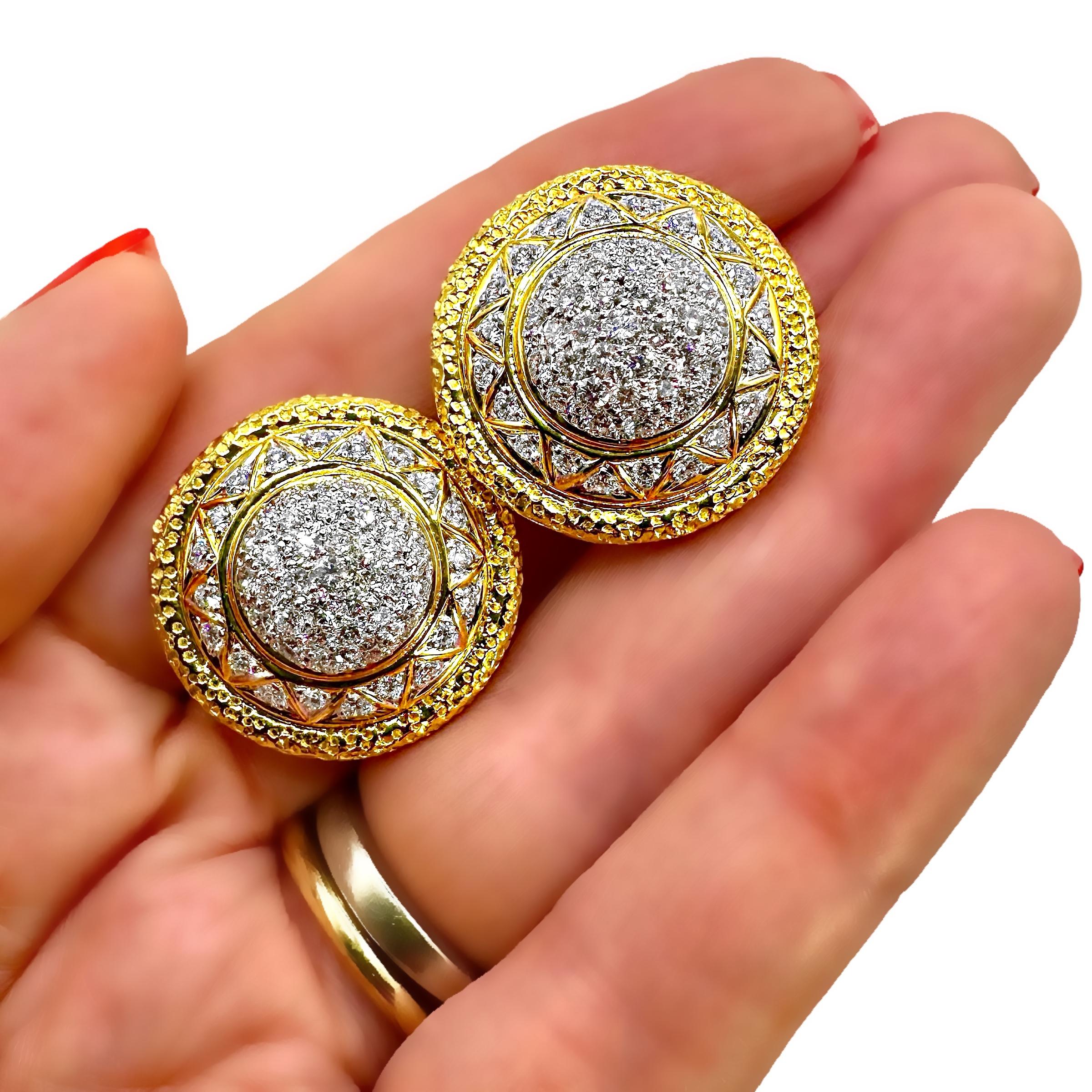 18K Stylish & Tailored Gold & Diamond Encrusted Dome Earrings 7/8 Inch Diameter For Sale 4