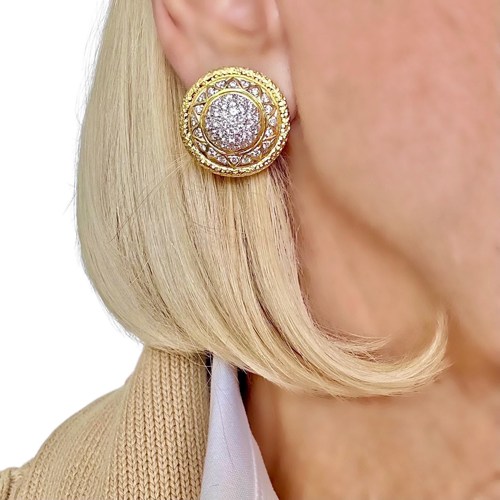 18K Stylish & Tailored Gold & Diamond Encrusted Dome Earrings 7/8 Inch Diameter For Sale 5