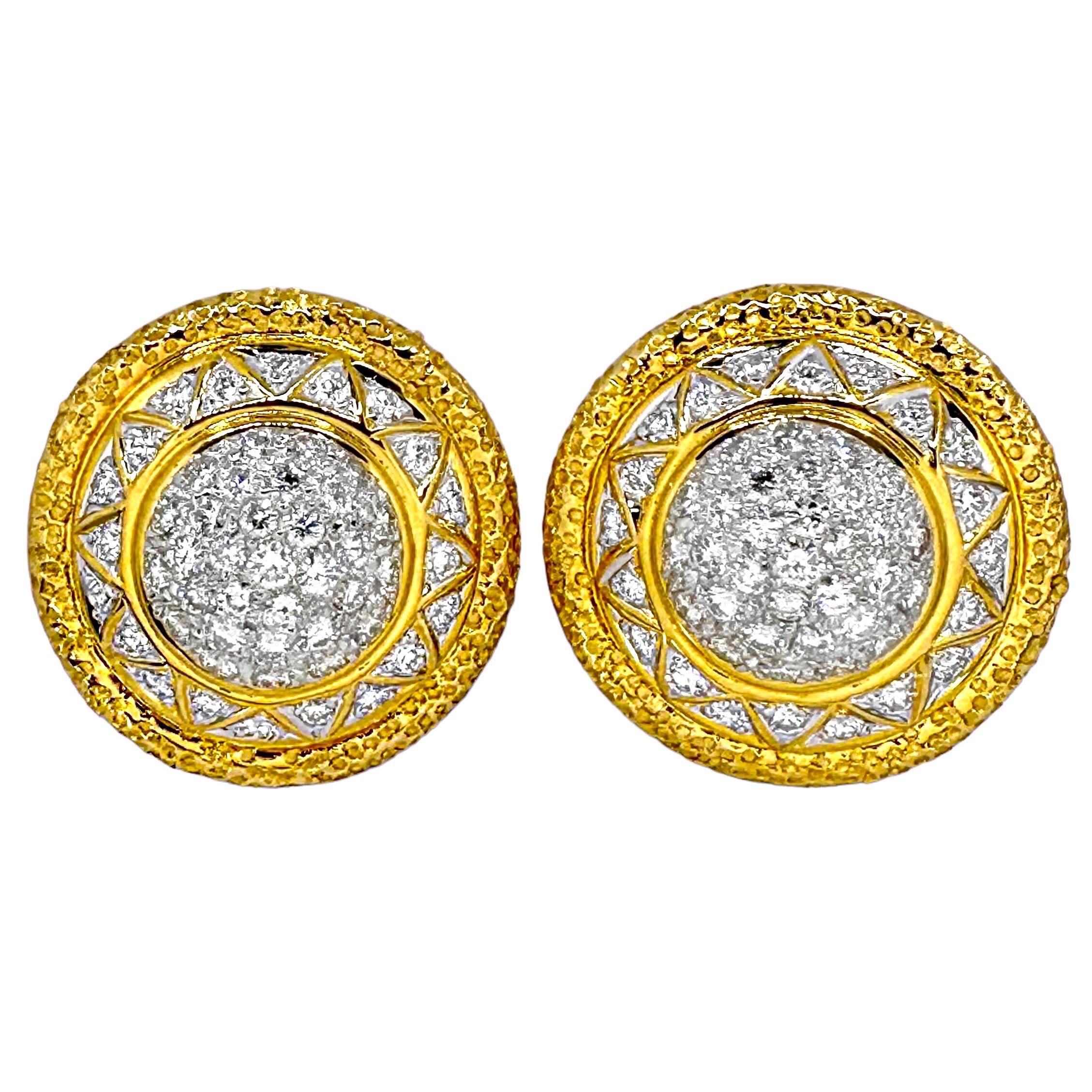 These finely crafted 18K yellow gold dome earrings have diamond encrusted centers surrounded by high polish gold accents and hammered gold edges. This pair would be a delightful addition to any lady's jewelry collection.  Total diamond weight is