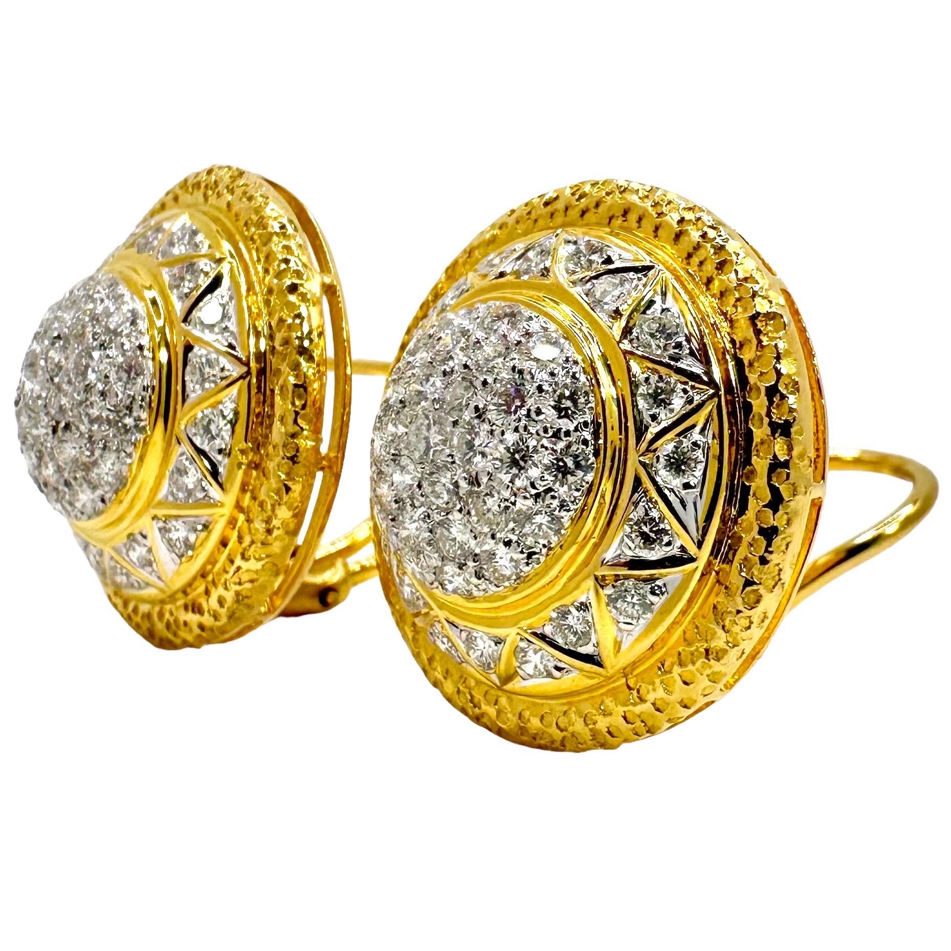 Modern 18K Stylish & Tailored Gold & Diamond Encrusted Dome Earrings 7/8 Inch Diameter For Sale