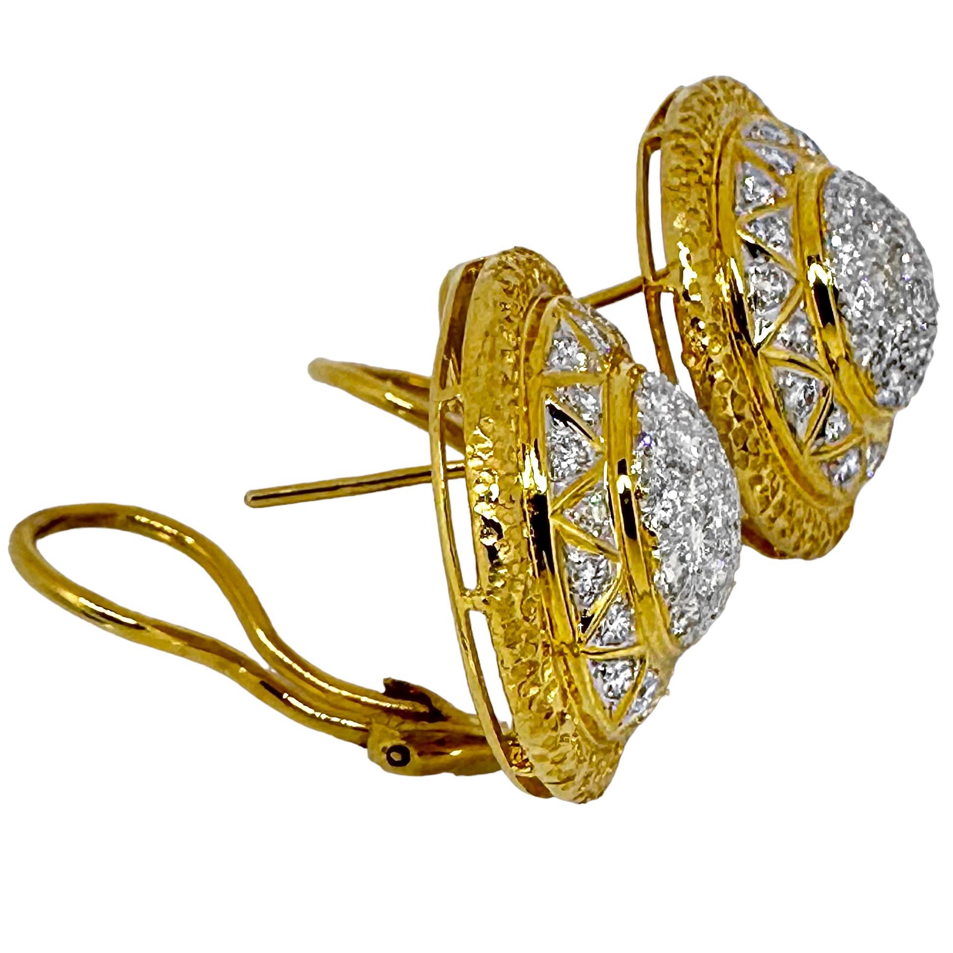 Women's 18K Stylish & Tailored Gold & Diamond Encrusted Dome Earrings 7/8 Inch Diameter For Sale