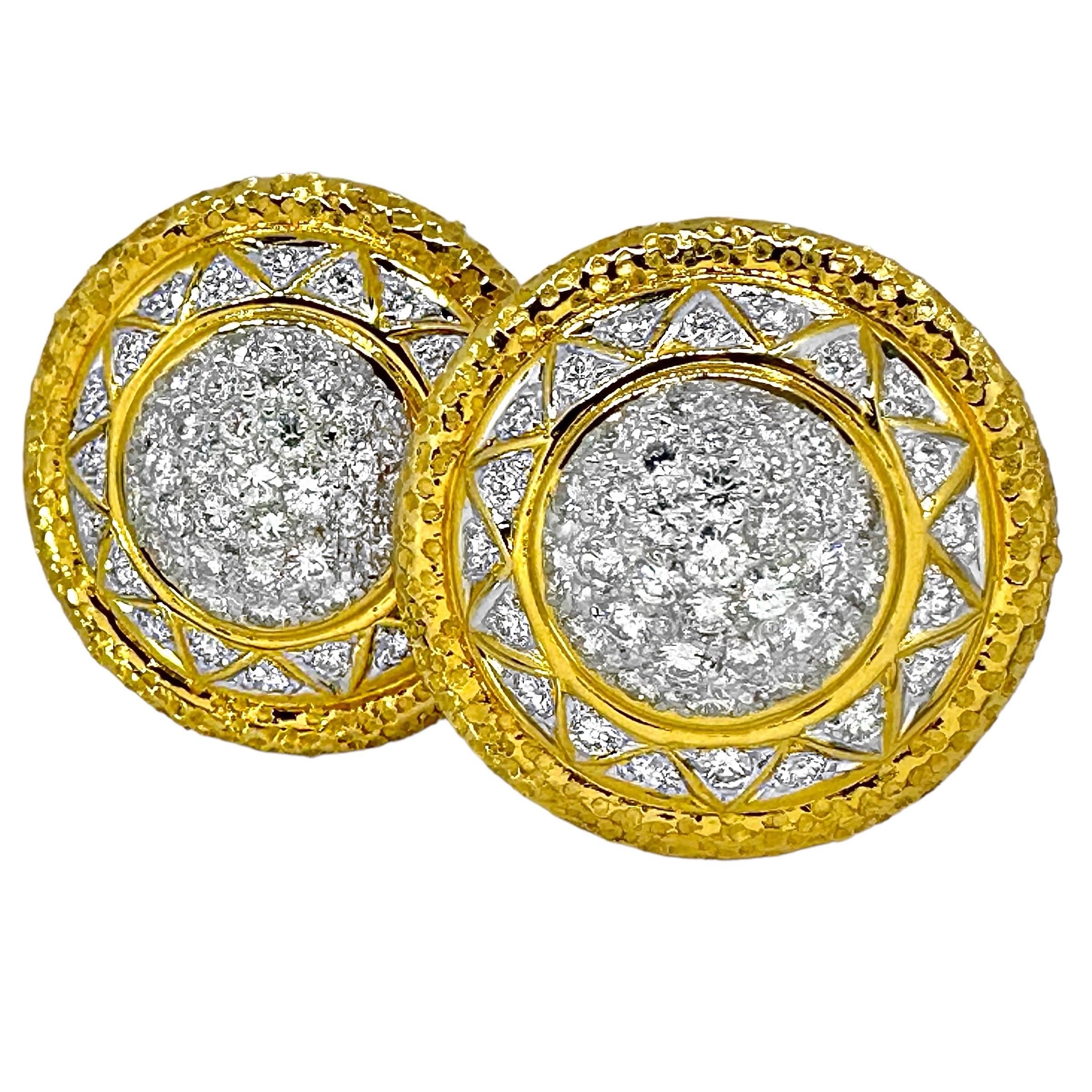 18K Stylish & Tailored Gold & Diamond Encrusted Dome Earrings 7/8 Inch Diameter For Sale