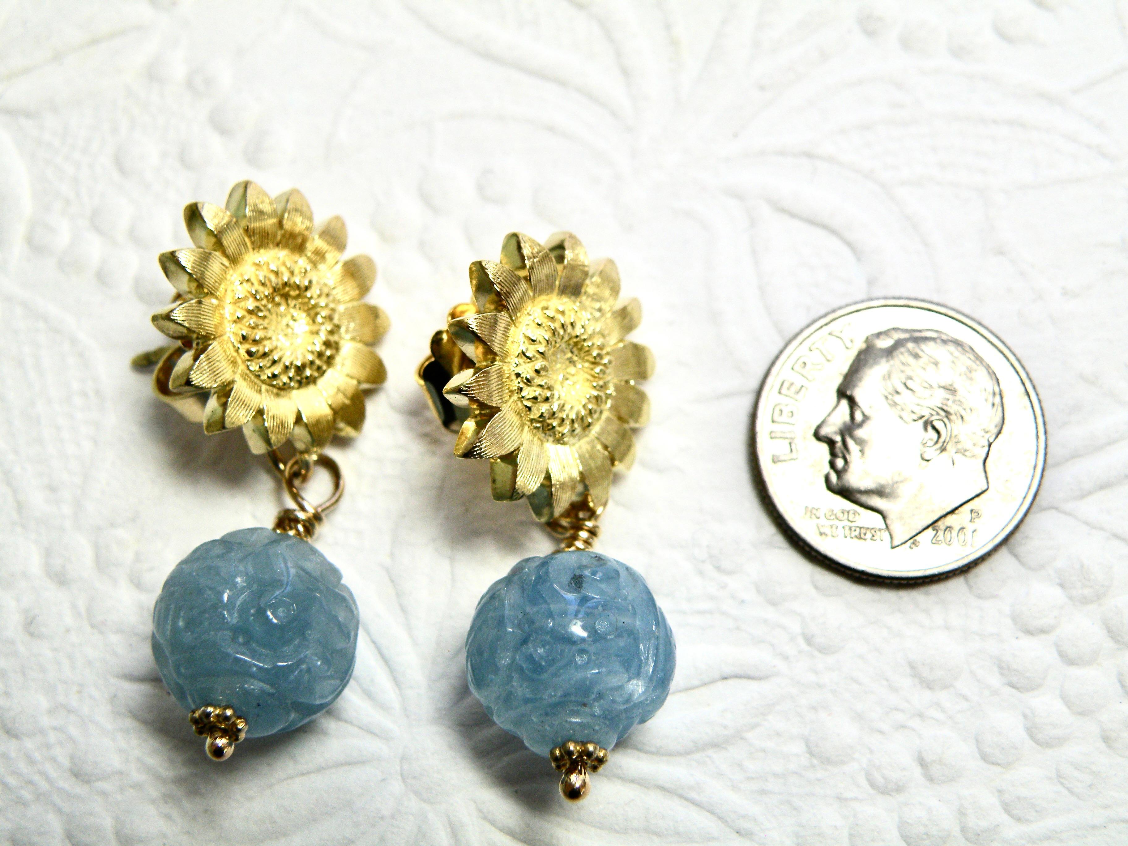 Boucles d'oreilles tournesol 18 carats avec aigue-marine sculptée Pour femmes en vente