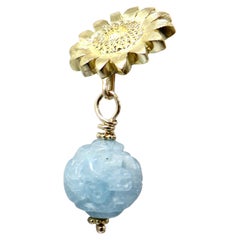 18k sunflower earrings with carved Aquamarine drop