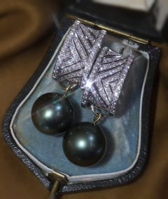 18K Tahitian Pearl Diamond Vintage Earrings Fine Antique GIA 15MM Huge 3.02 CTS