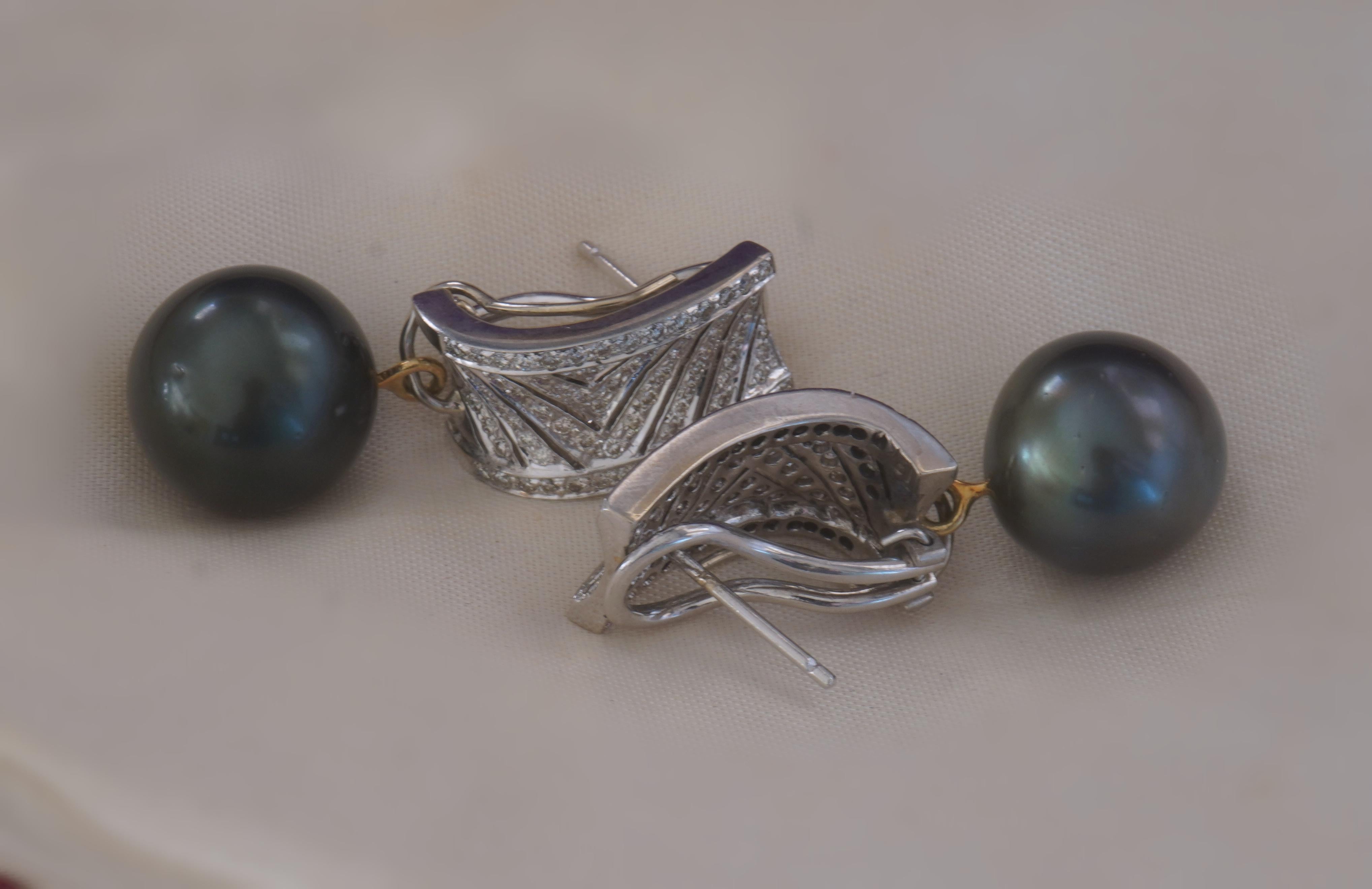 Round Cut 18K Tahitian Pearl Diamond Vintage Earrings Fine Antique GIA 15MM Huge 3.02 CTS For Sale