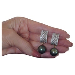 18K Tahitian Pearl Diamond Vintage Earrings Fine Antique GIA 15MM Huge 3.02 CTS