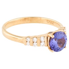 18K Tanzanite & Diamond Cocktail Ring  Round Faceted Tanzanite  Yellow Gold