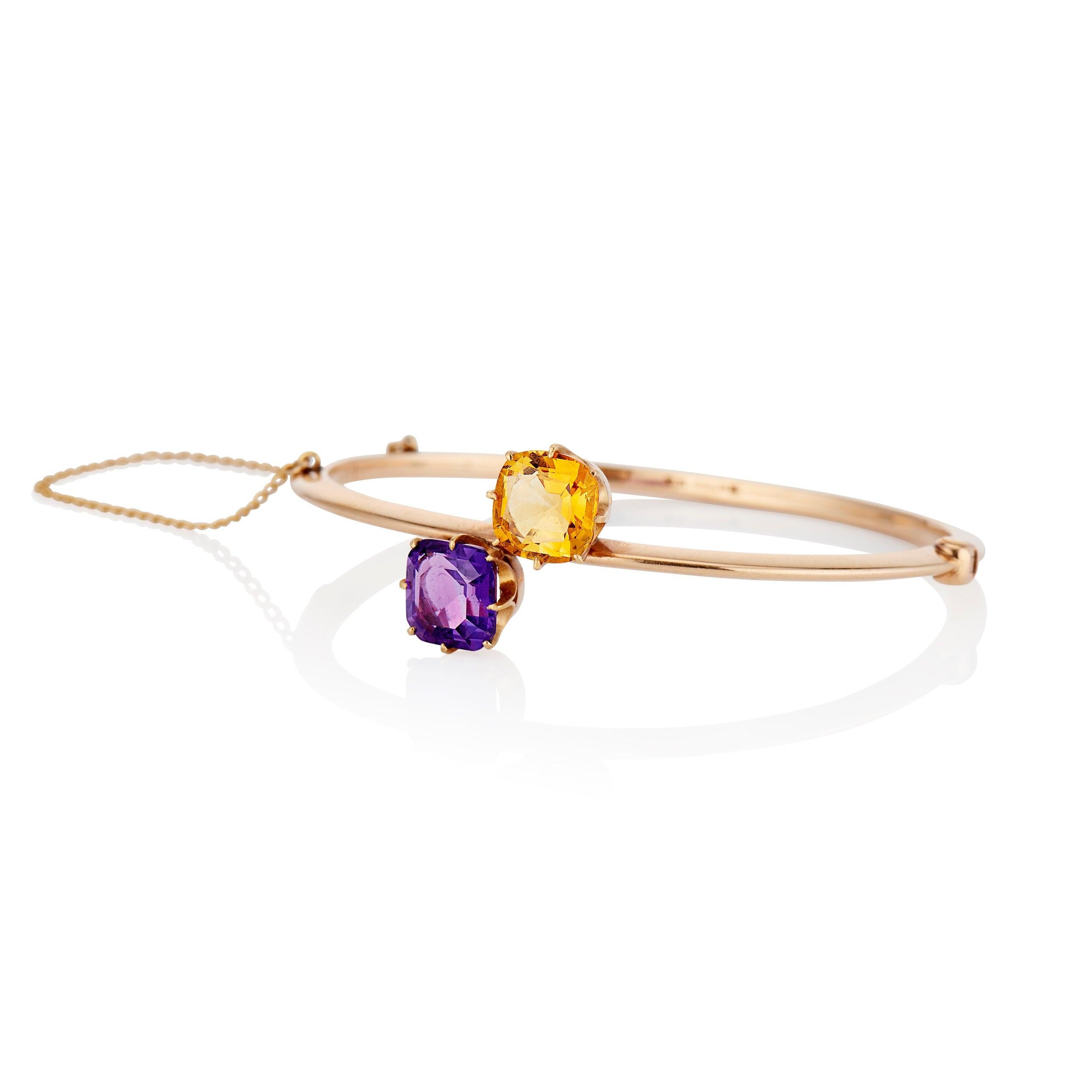 Edwardian 18K TB Starr Citrine and Amethyst Bypass Bangle Bracelet For Sale