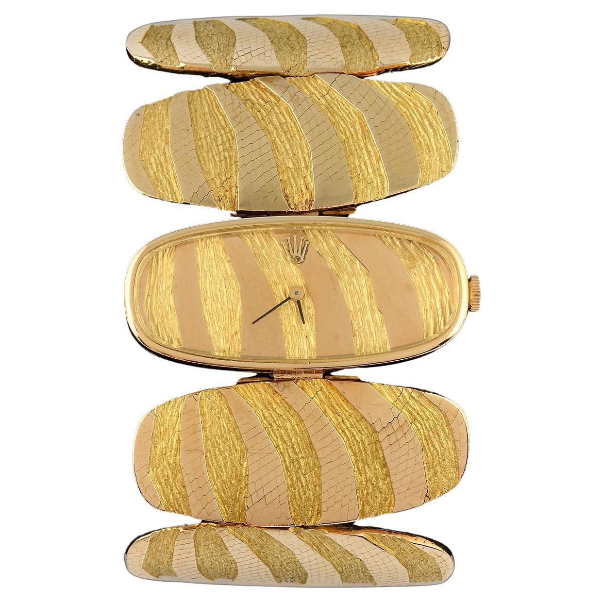 18k Textured Gold Optical Bracelet Watch by George Lenfant 1970s