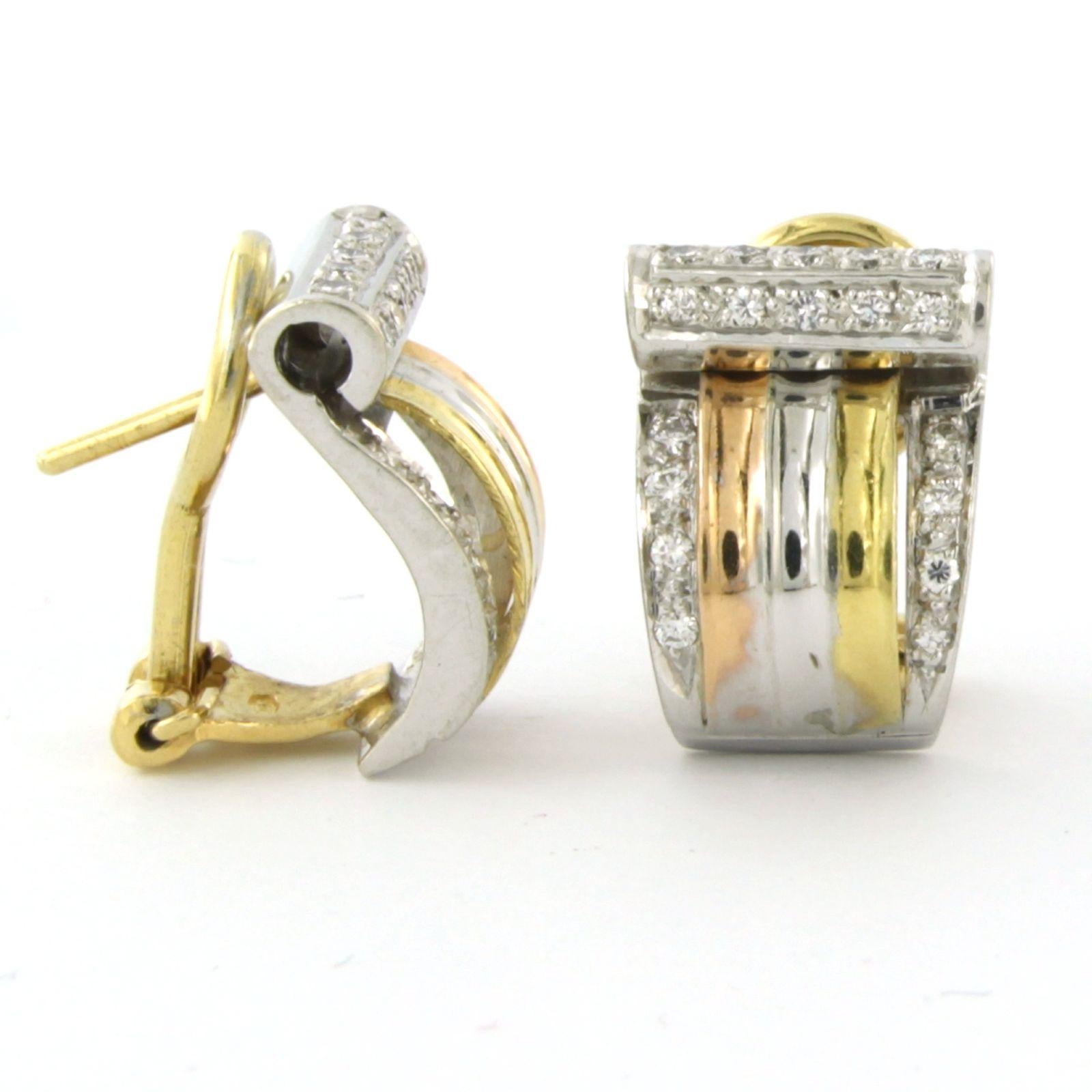 Brilliant Cut 18k three-color gold ear clips set with brilliant cut diamonds up to. 0.40ct  For Sale