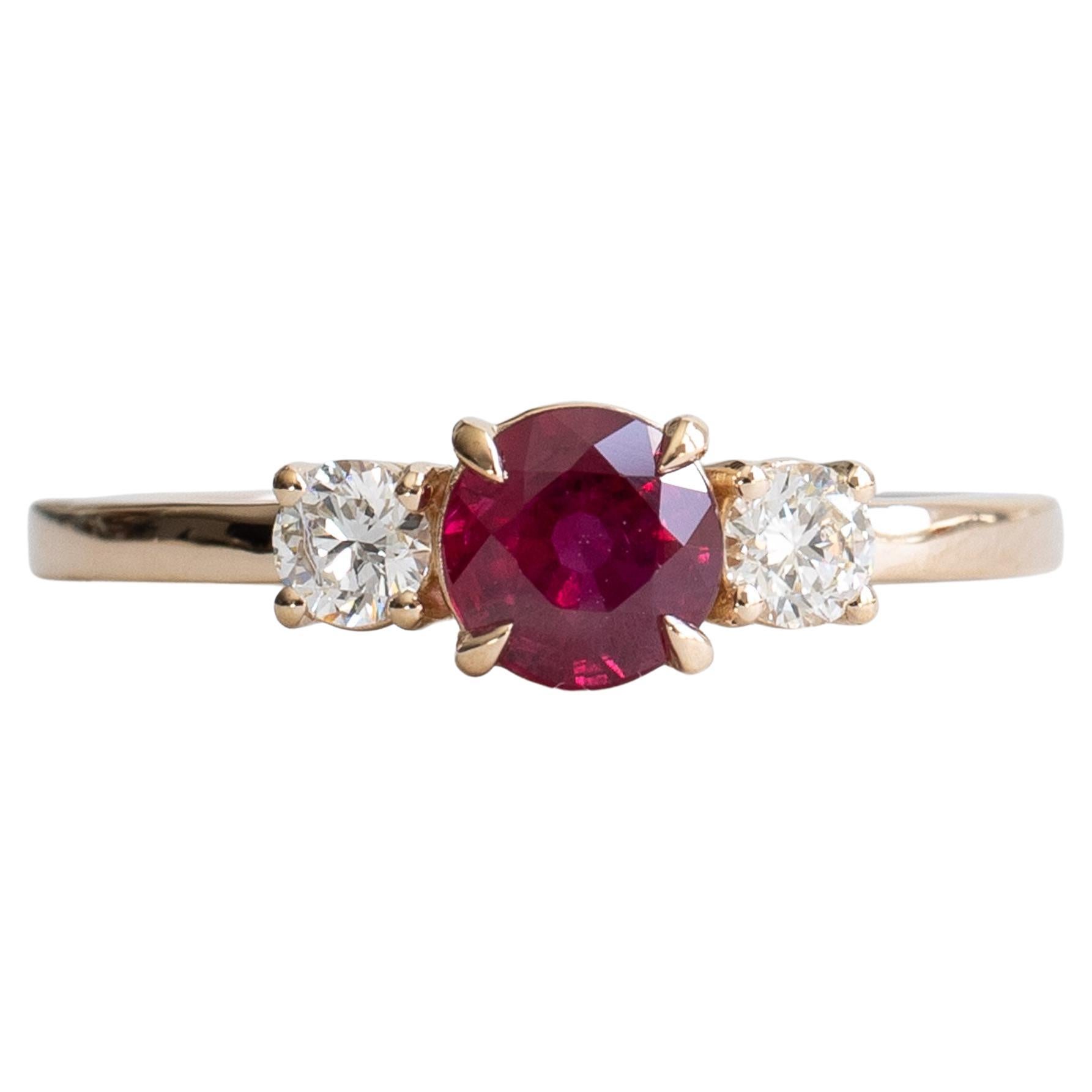For Sale:  18K Three Stone Rudy Diamond Ring
