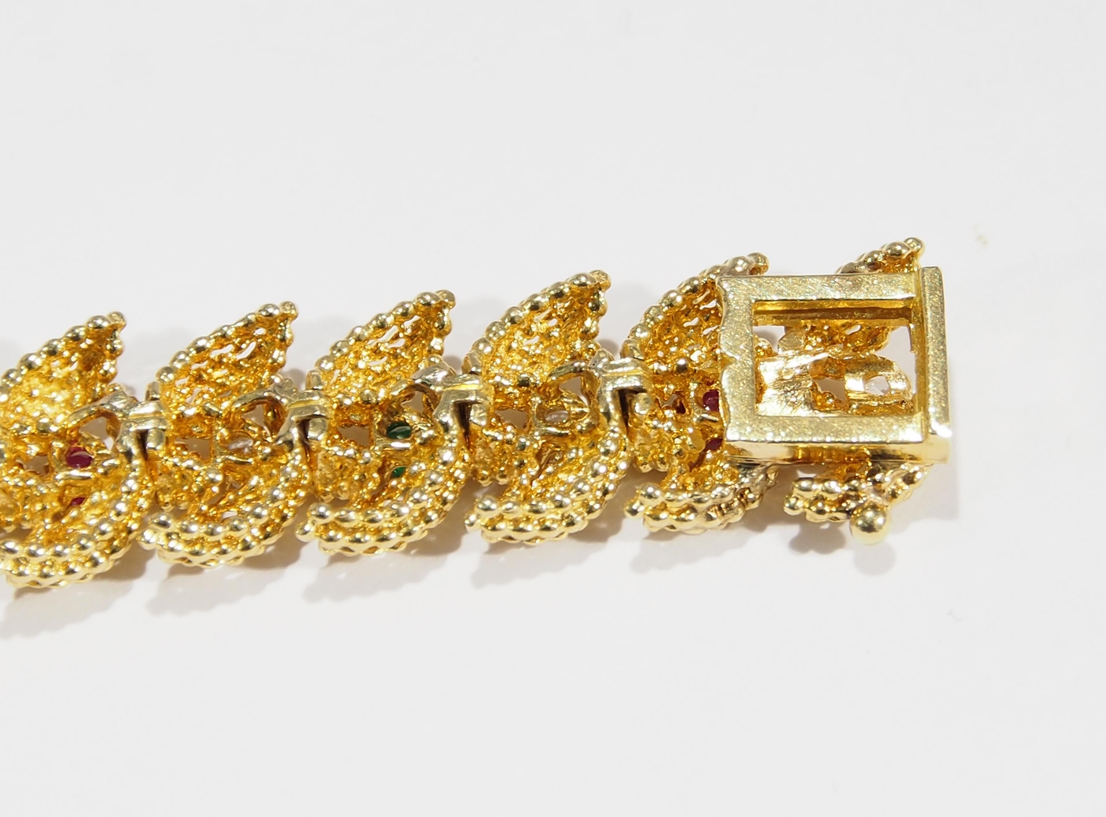 Retro 18 Karat Tiffany & Co. Diamond Ruby Emerald Bracelet Yellow Gold Vintage, 1960s