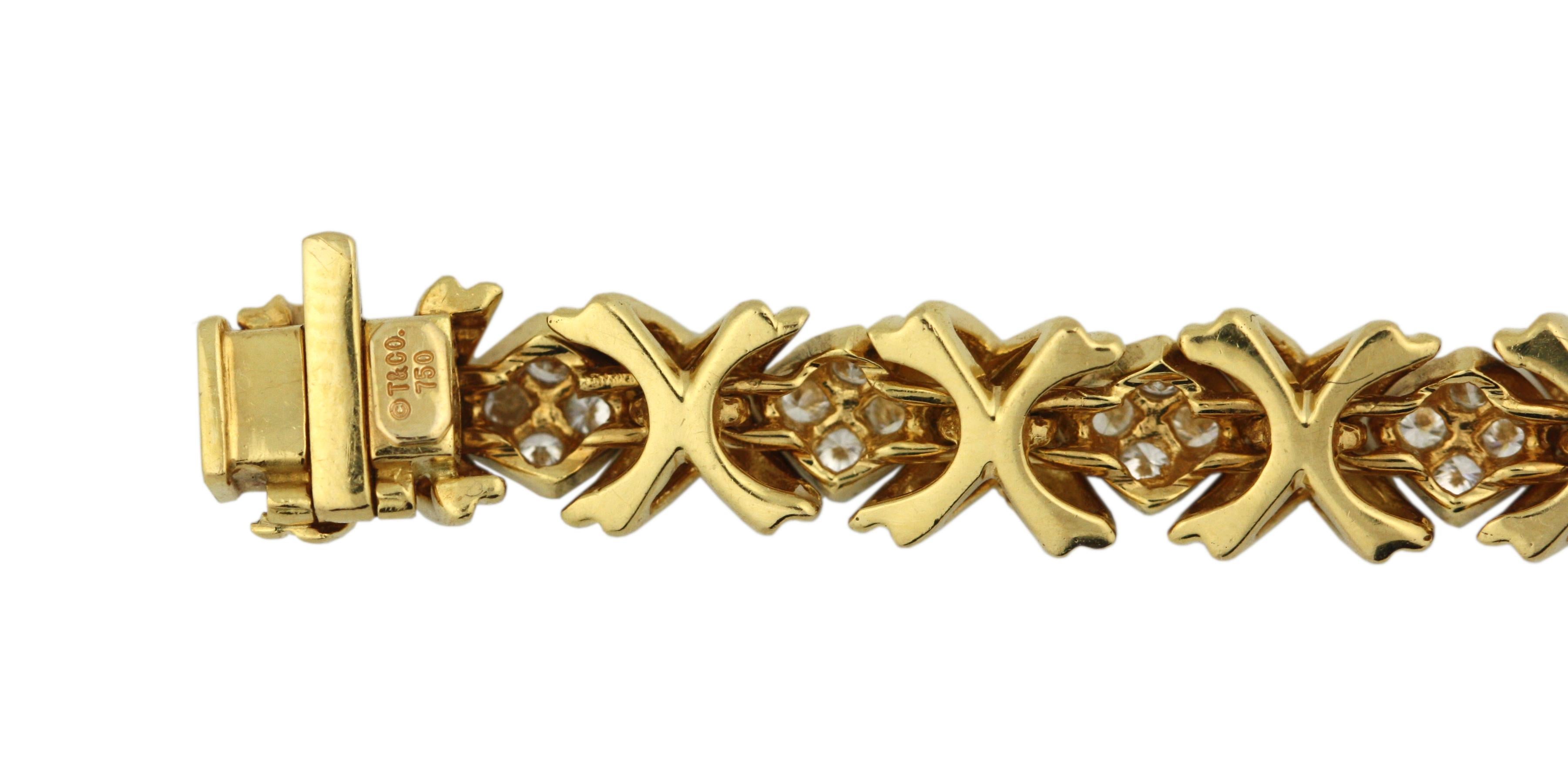 18k Tiffany and Co Signature Diamond x Yellow Gold Bracelet For Sale at ...
