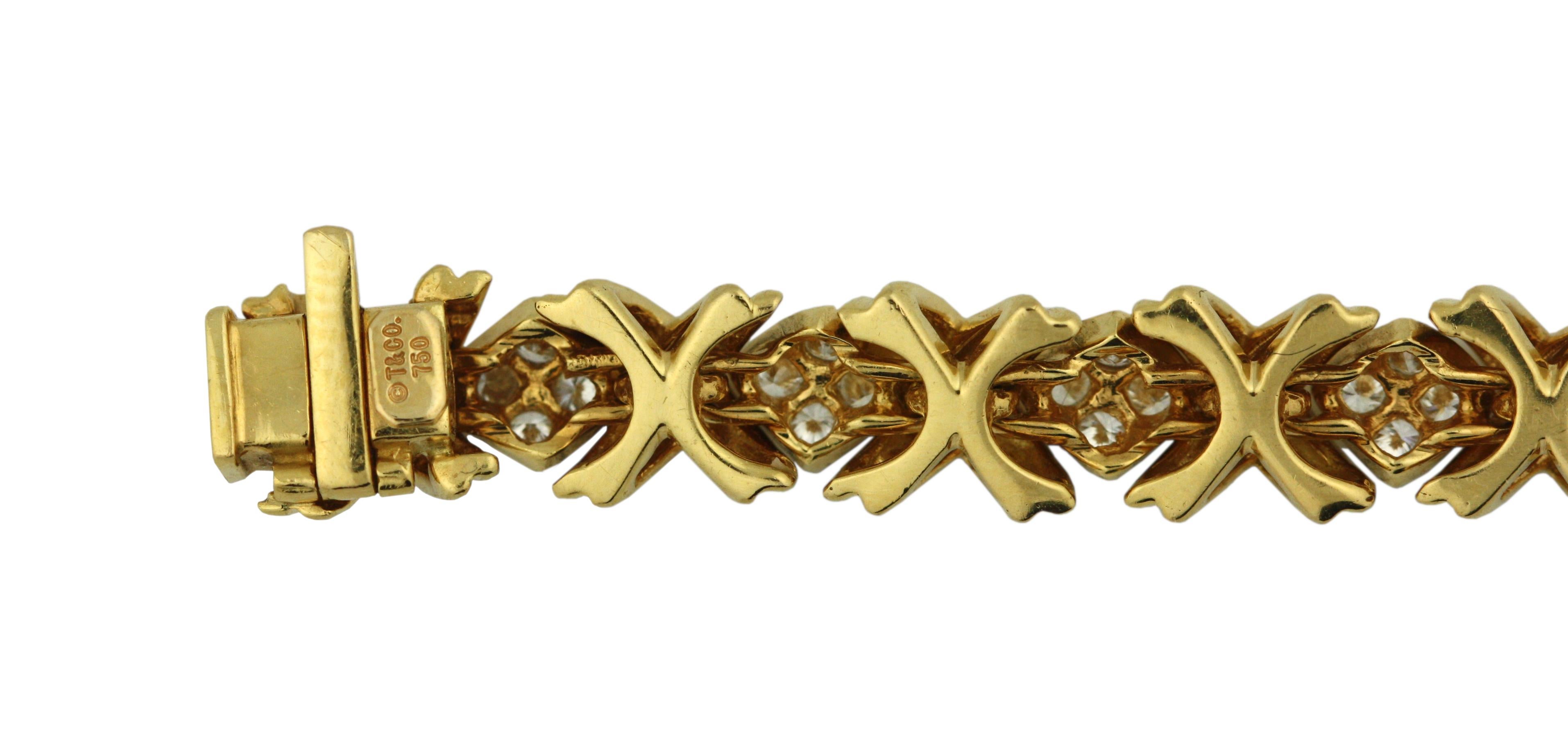18k Tiffany and Co Signature Diamond x Yellow Gold Bracelet For Sale at ...