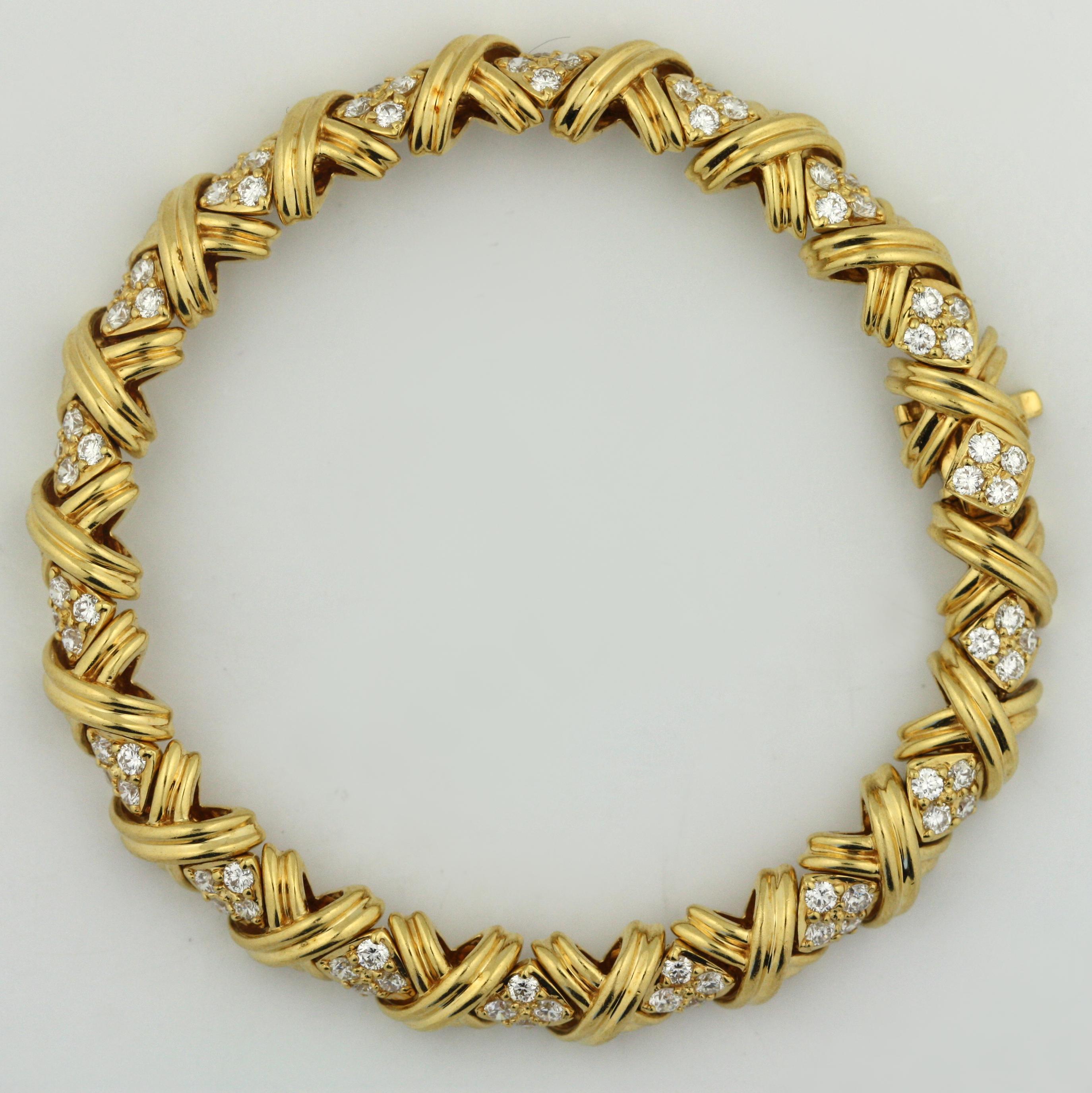 18k Tiffany and Co Signature Diamond x Yellow Gold Bracelet For Sale at ...