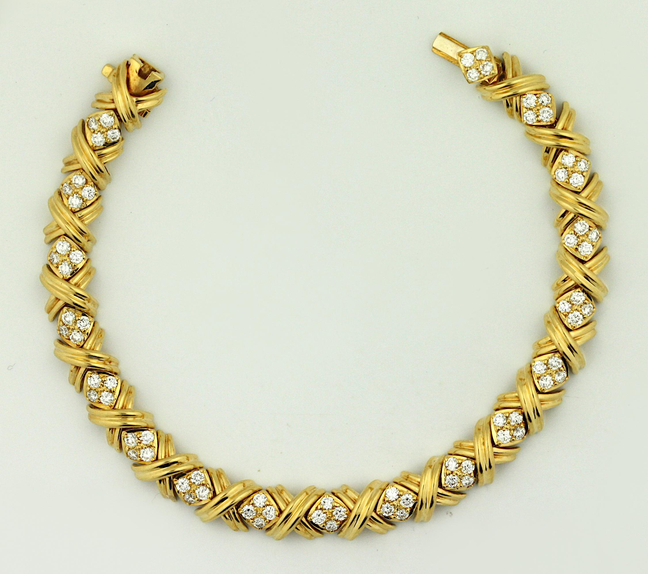 18k Tiffany and Co Signature Diamond x Yellow Gold Bracelet For Sale at ...