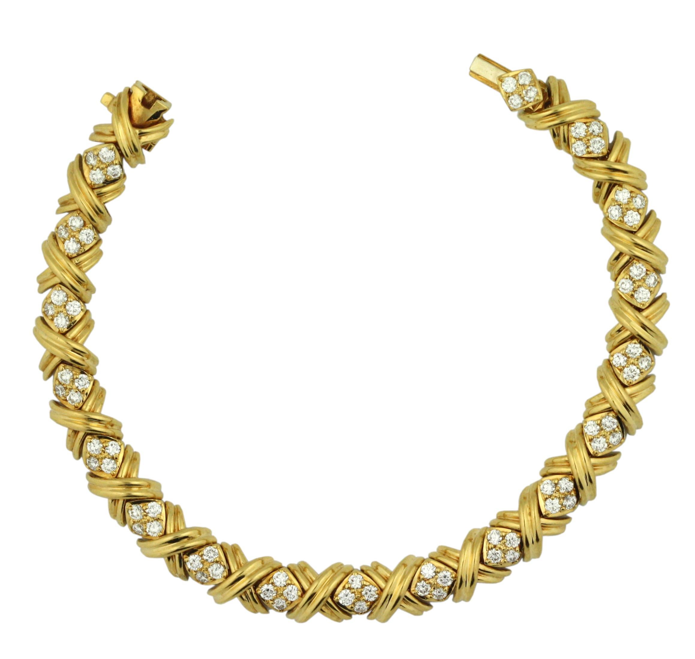 18k Tiffany and Co Signature Diamond x Yellow Gold Bracelet For Sale at ...