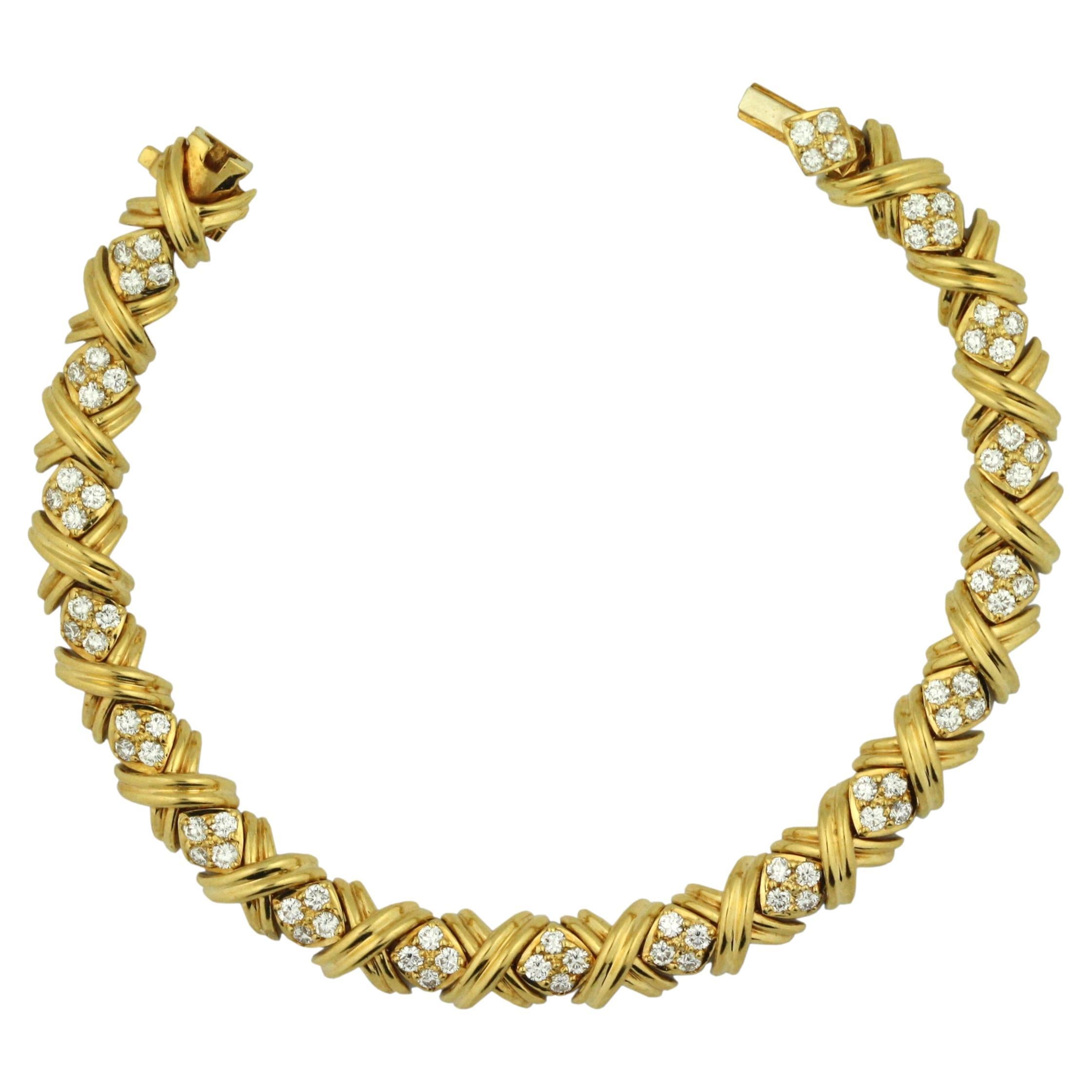 18k Tiffany and Co Signature Diamond x Yellow Gold Bracelet For Sale at 1stDibs