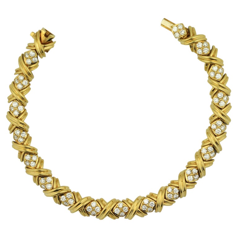 18K Tiffany and Co Signature Diamond X Yellow Gold Bracelet For Sale at ...