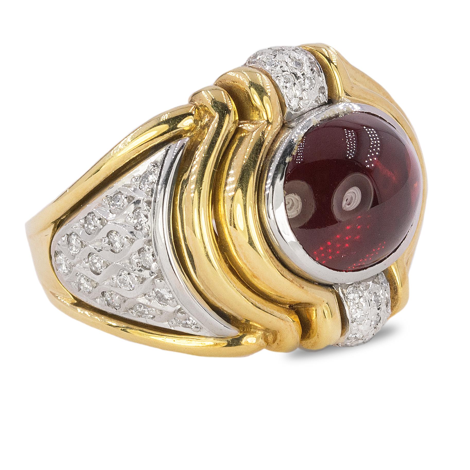 18k Ring with 8.25 carat cabochon Tourmaline and 0.55 carats of round brilliant diamonds, possibly Bulgari