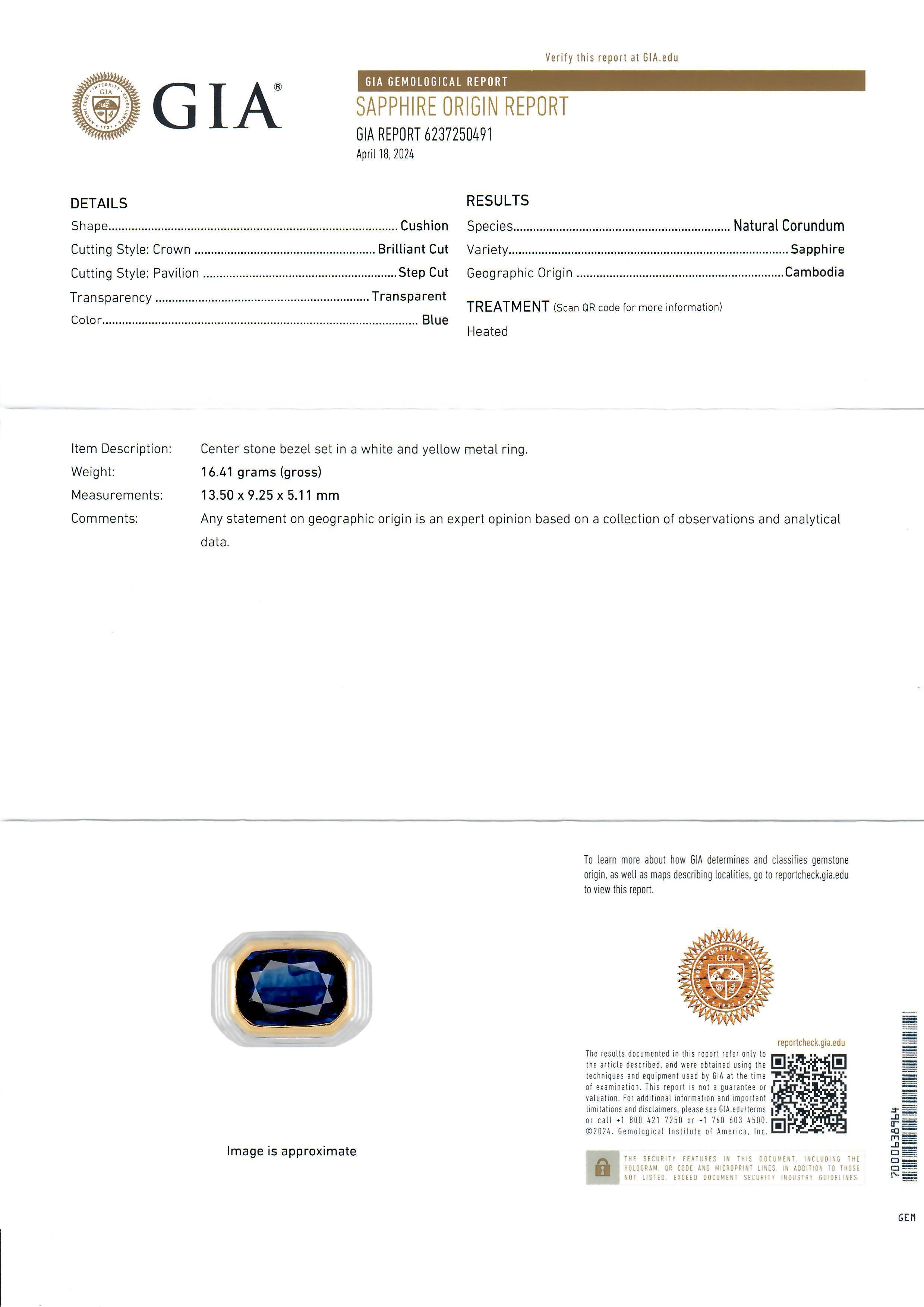 18k Tow Tone 6.20ctw Gia Cushion Bezel Set Sapphire Step Open Design Band Ring For Sale 5