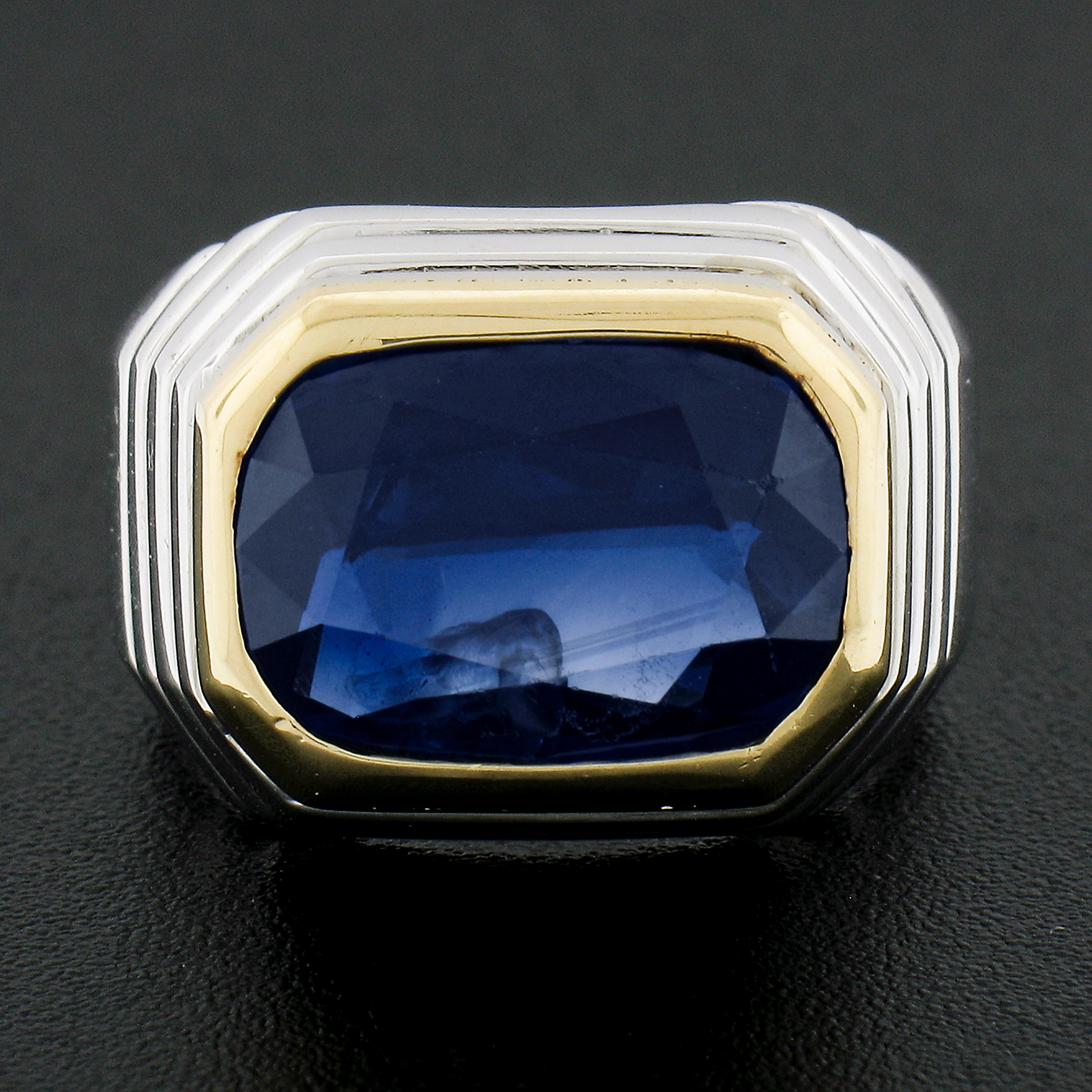 Cushion Cut 18k Tow Tone 6.20ctw Gia Cushion Bezel Set Sapphire Step Open Design Band Ring For Sale