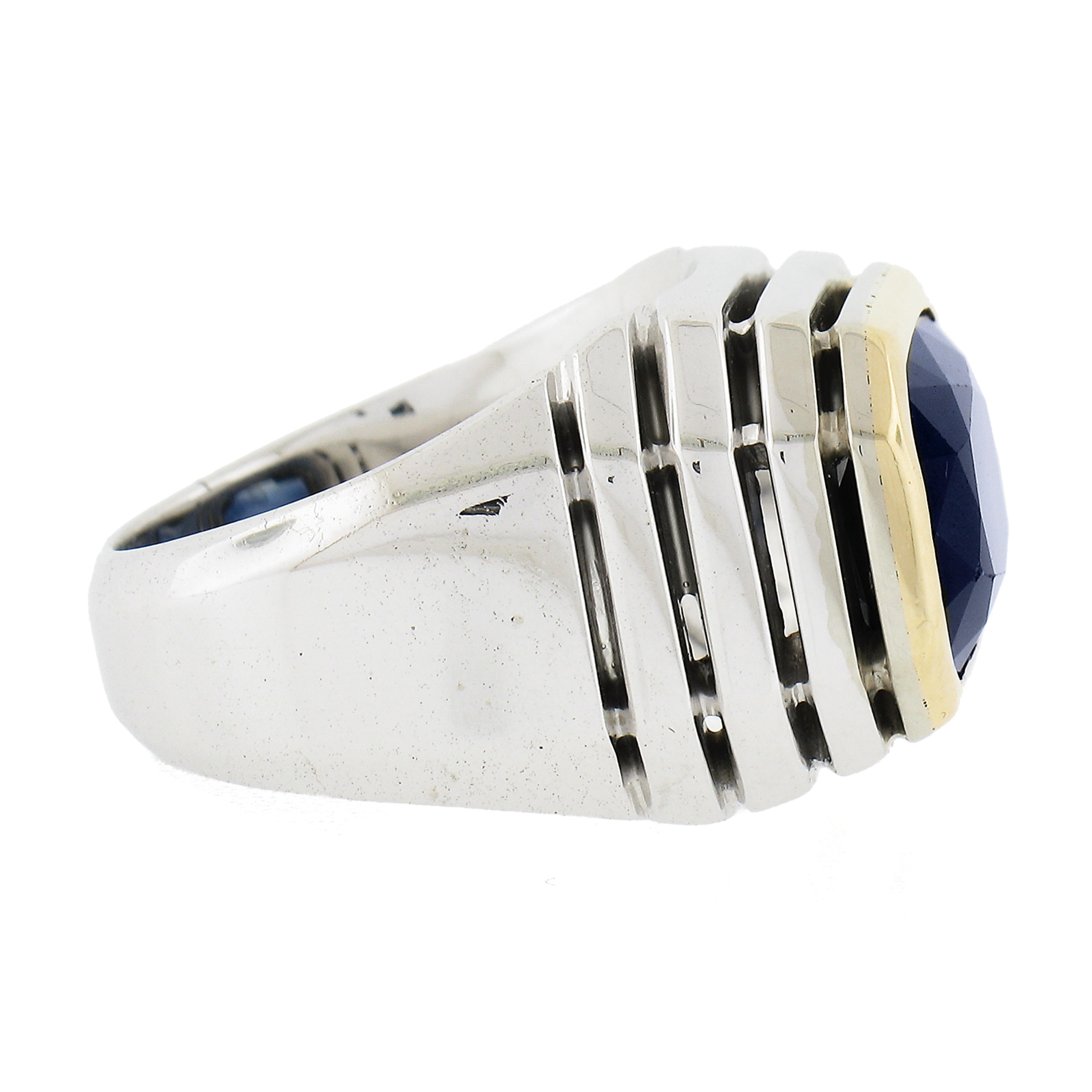 Women's or Men's 18k Tow Tone 6.20ctw Gia Cushion Bezel Set Sapphire Step Open Design Band Ring For Sale