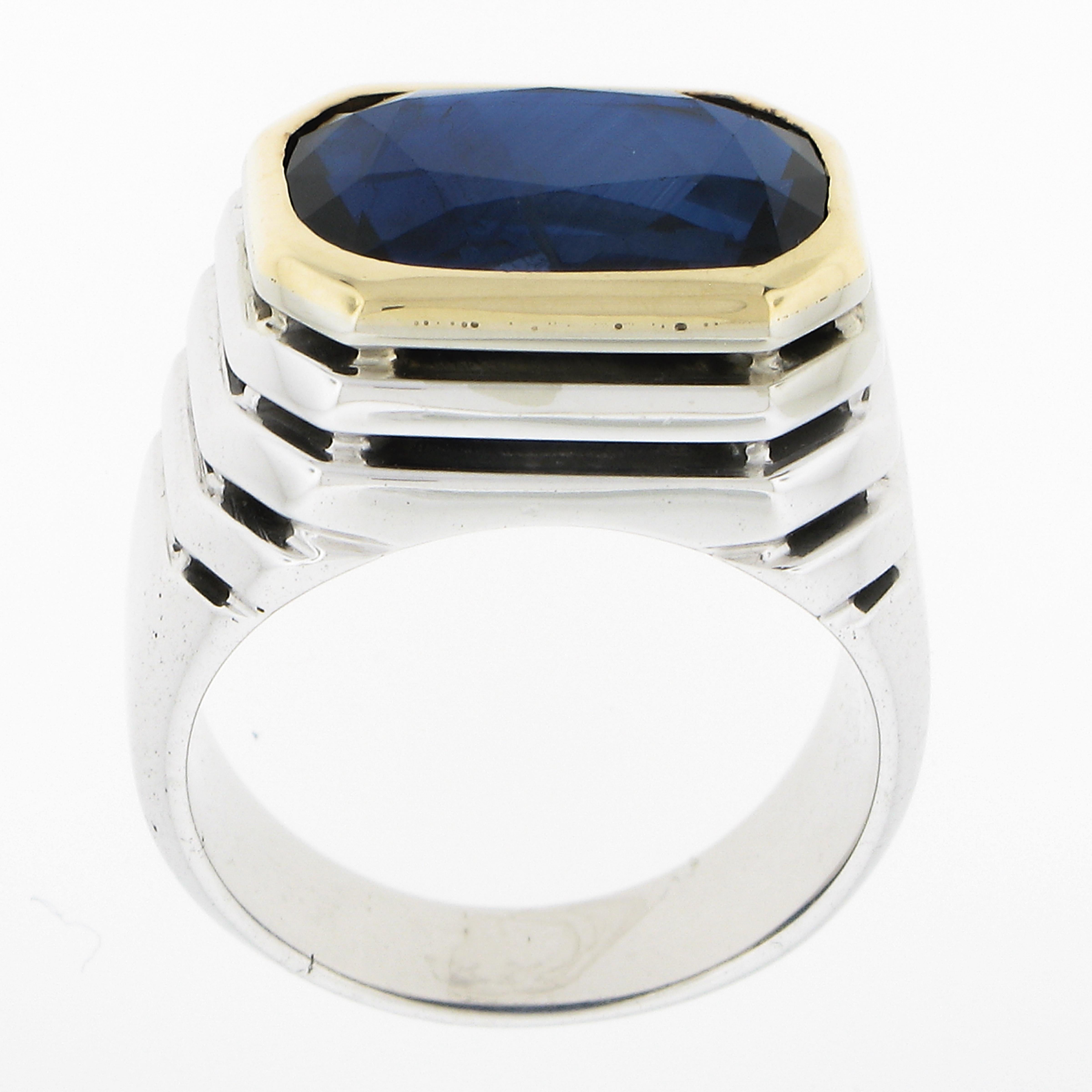 18k Tow Tone 6.20ctw Gia Cushion Bezel Set Sapphire Step Open Design Band Ring For Sale 3