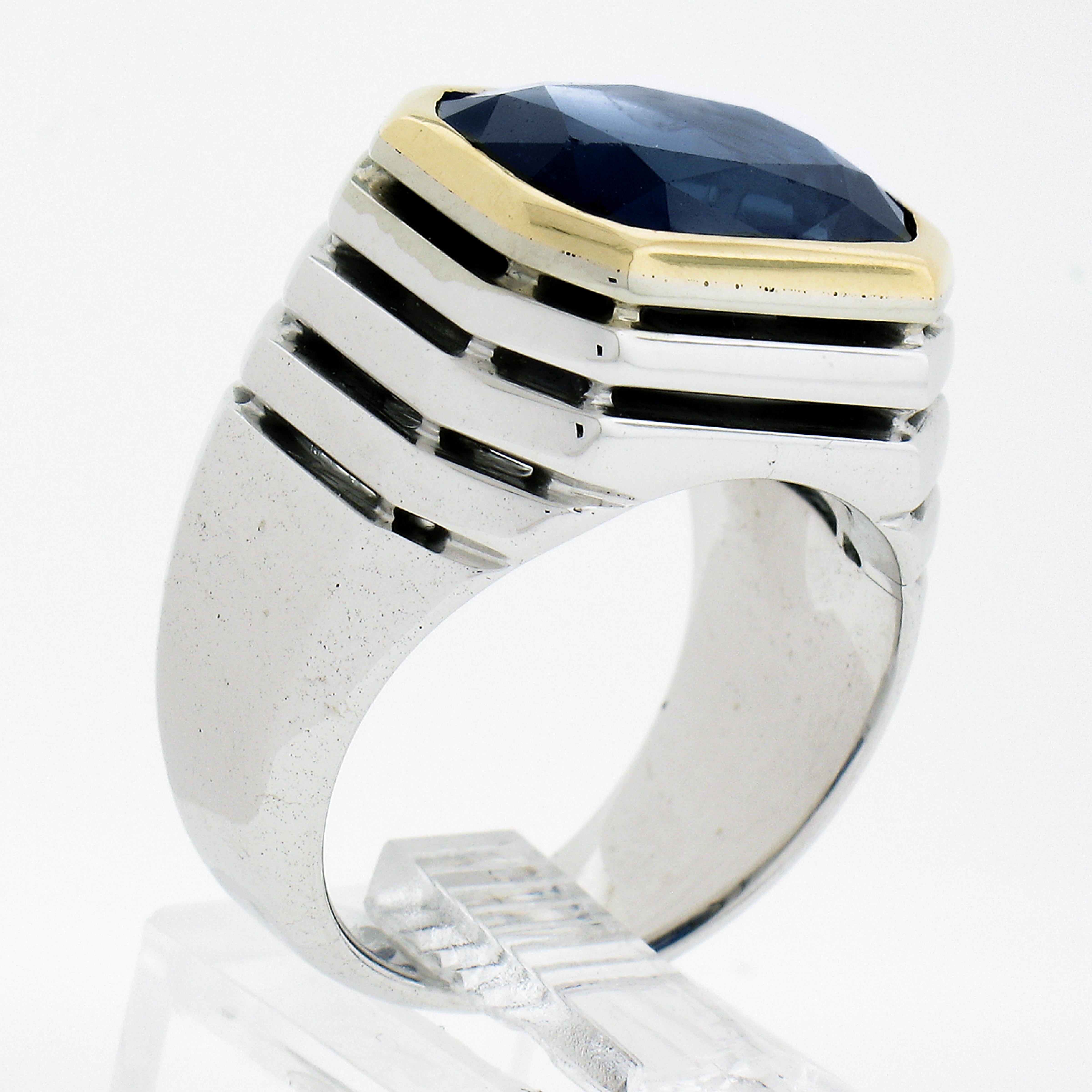 18k Tow Tone 6.20ctw Gia Cushion Bezel Set Sapphire Step Open Design Band Ring For Sale 4